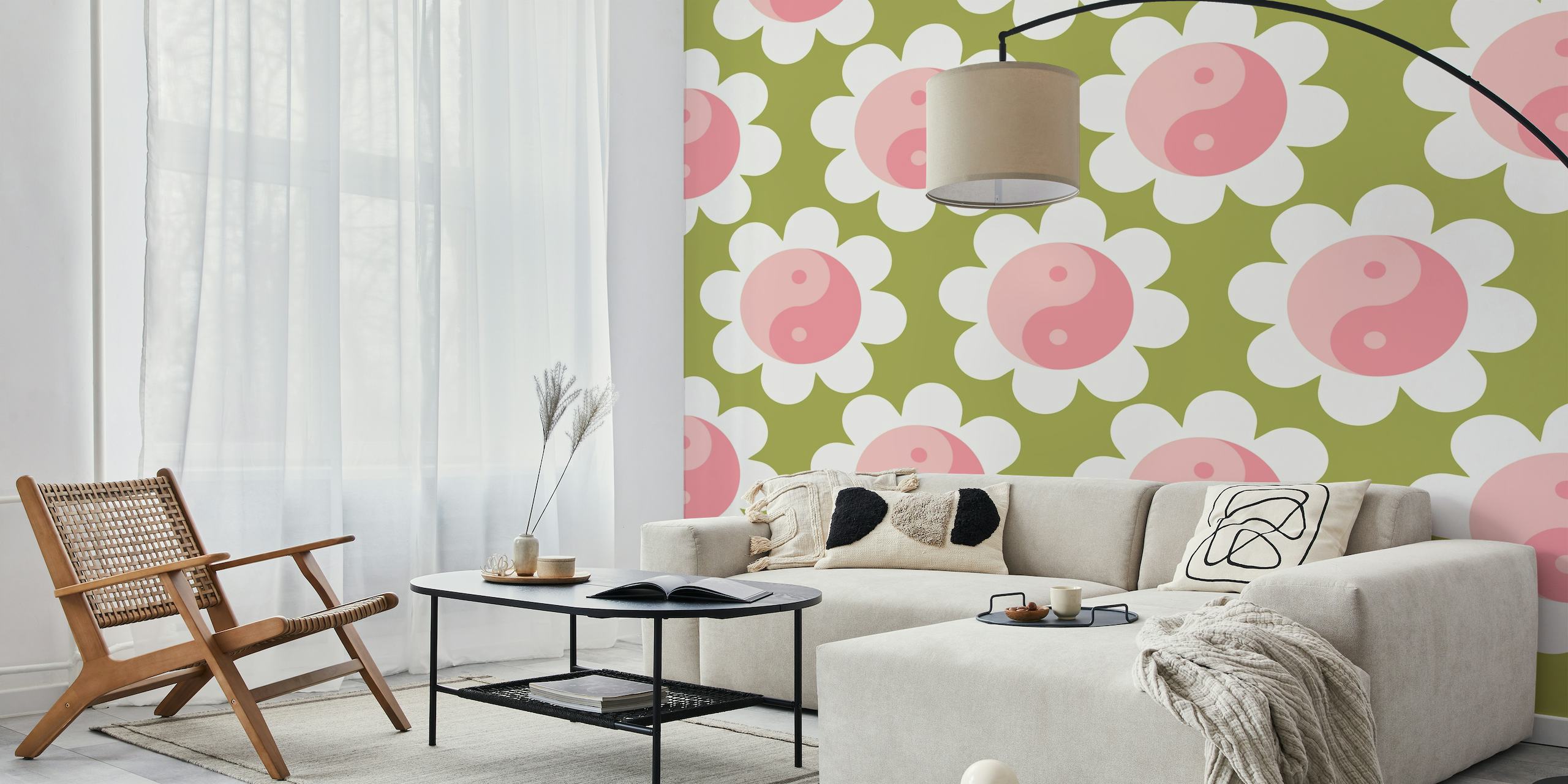 Stylized pink flowers on a green background wall mural