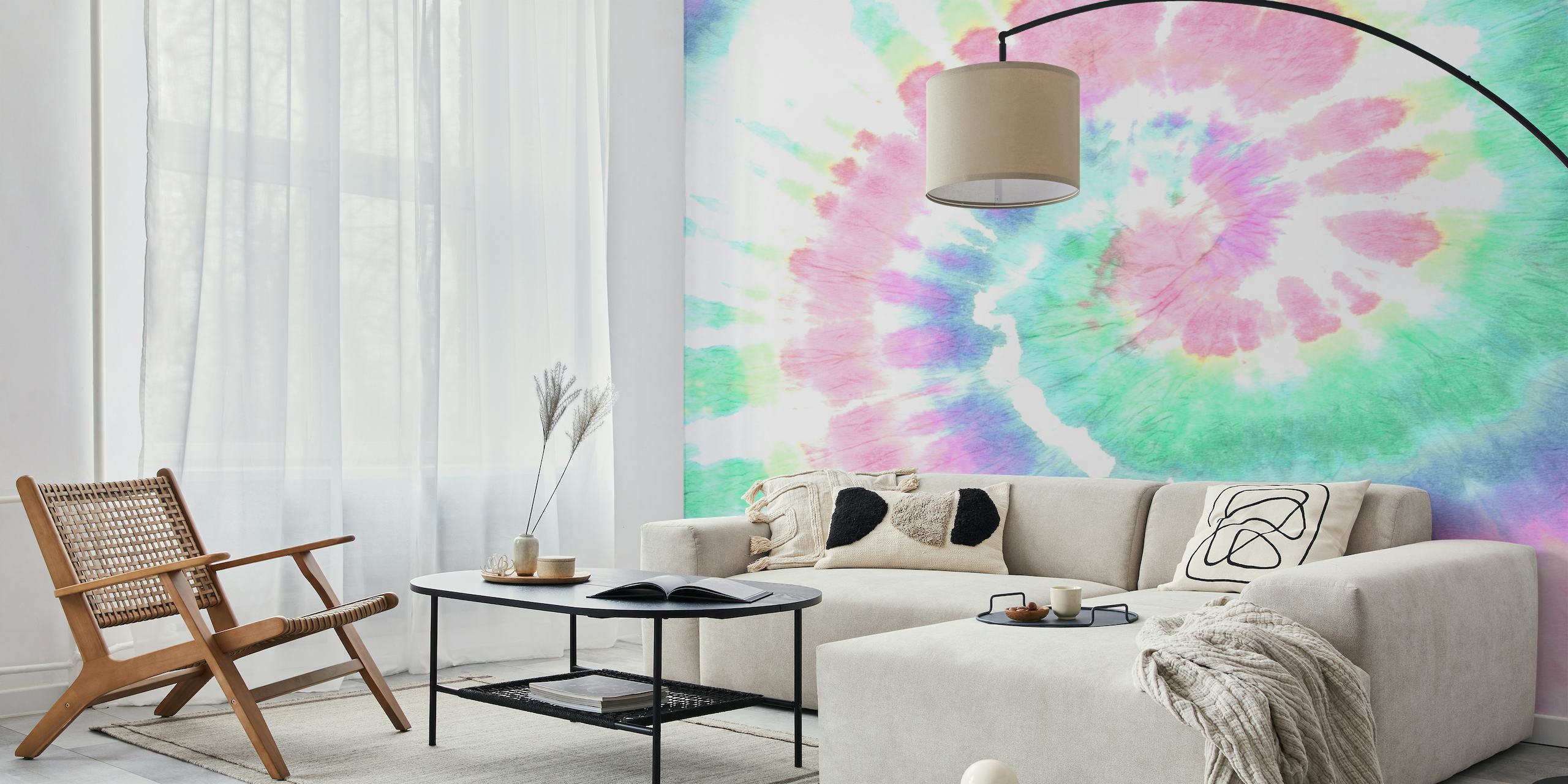 Energetic Pink Tie Dye wall mural with swirls of pink, green, and blue