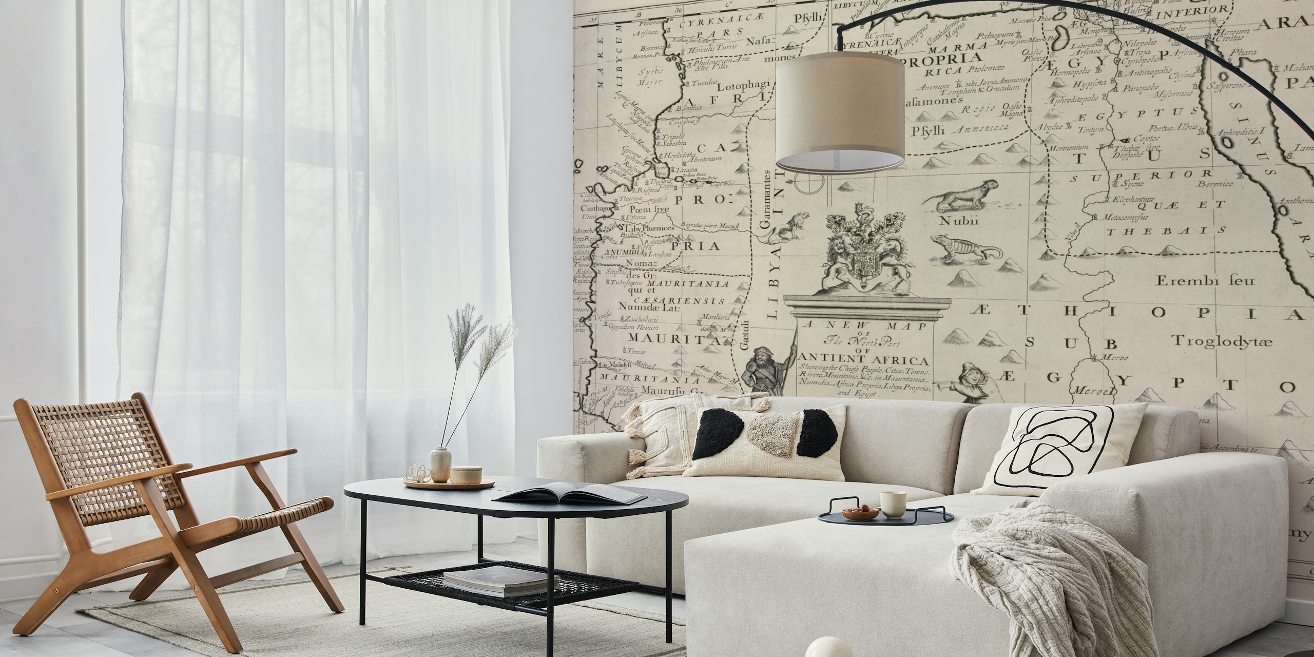 Illustrated Ancient Africa map with intricate details in black and white wallpaper