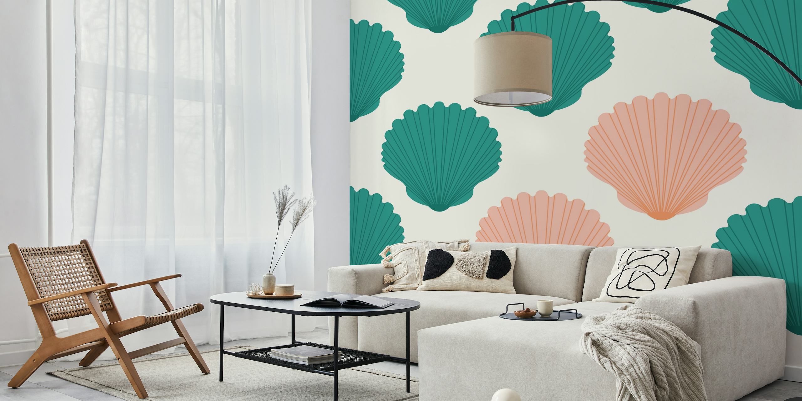 Green and peach stylized shell pattern wall mural