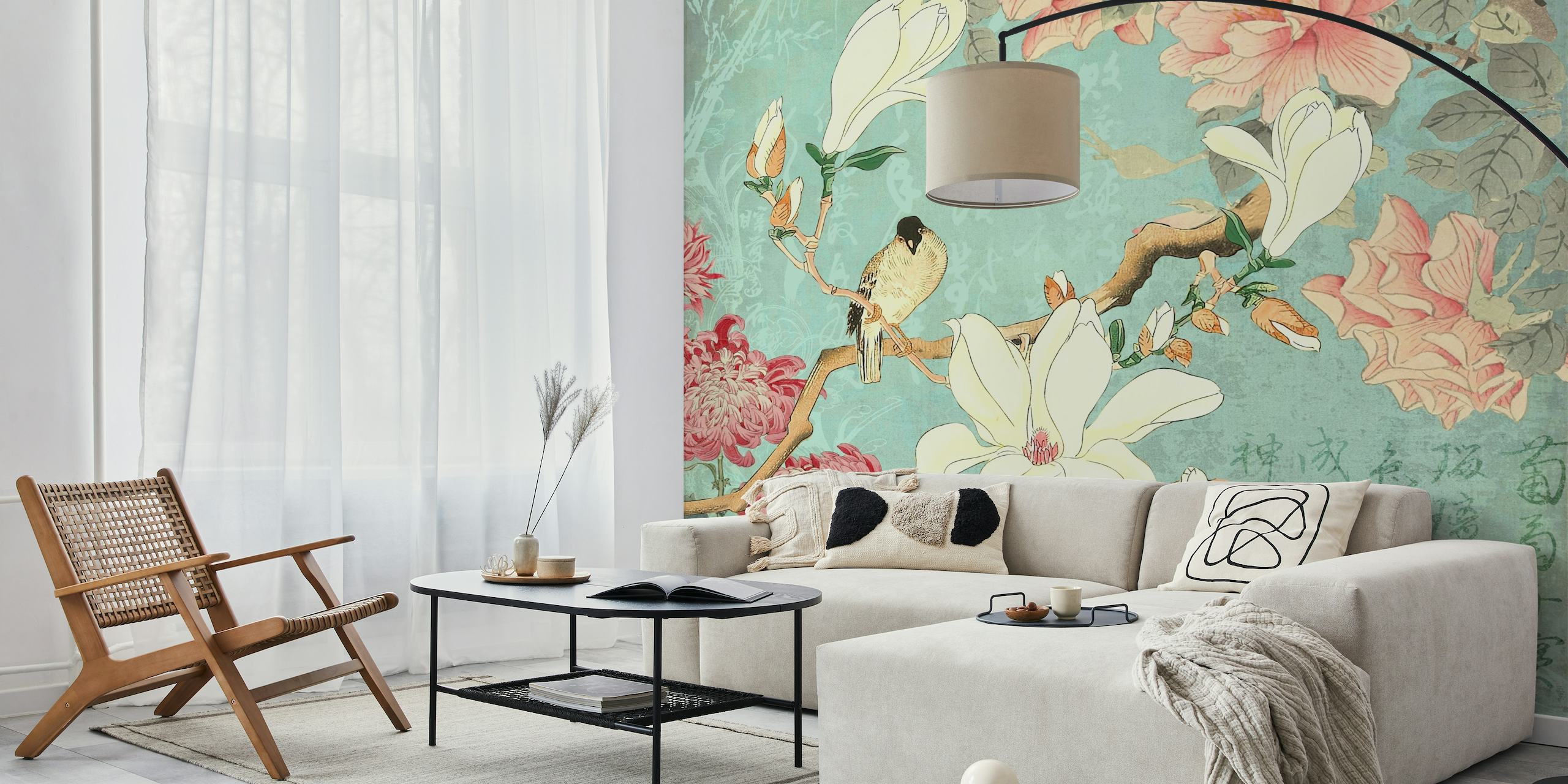 Wall mural of a Chinese Magnolia Garden with birds and blossoms on a teal background