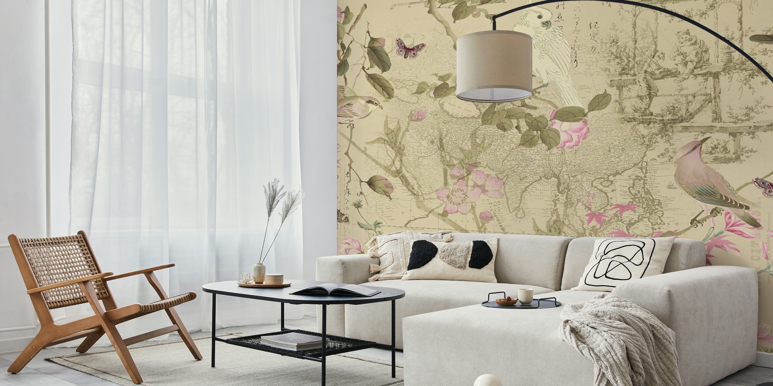 Vintage floral design with pink flowers and birds wallpaper