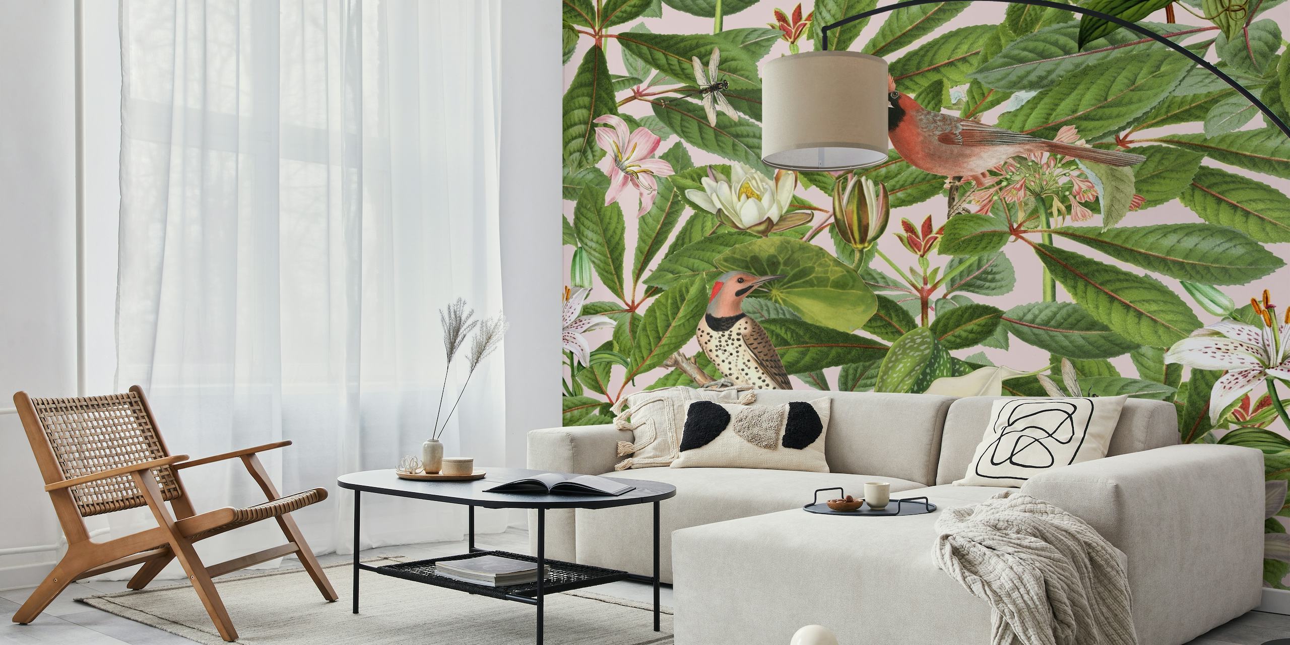 Wall mural of birds and summer flora in a paradise garden setting.