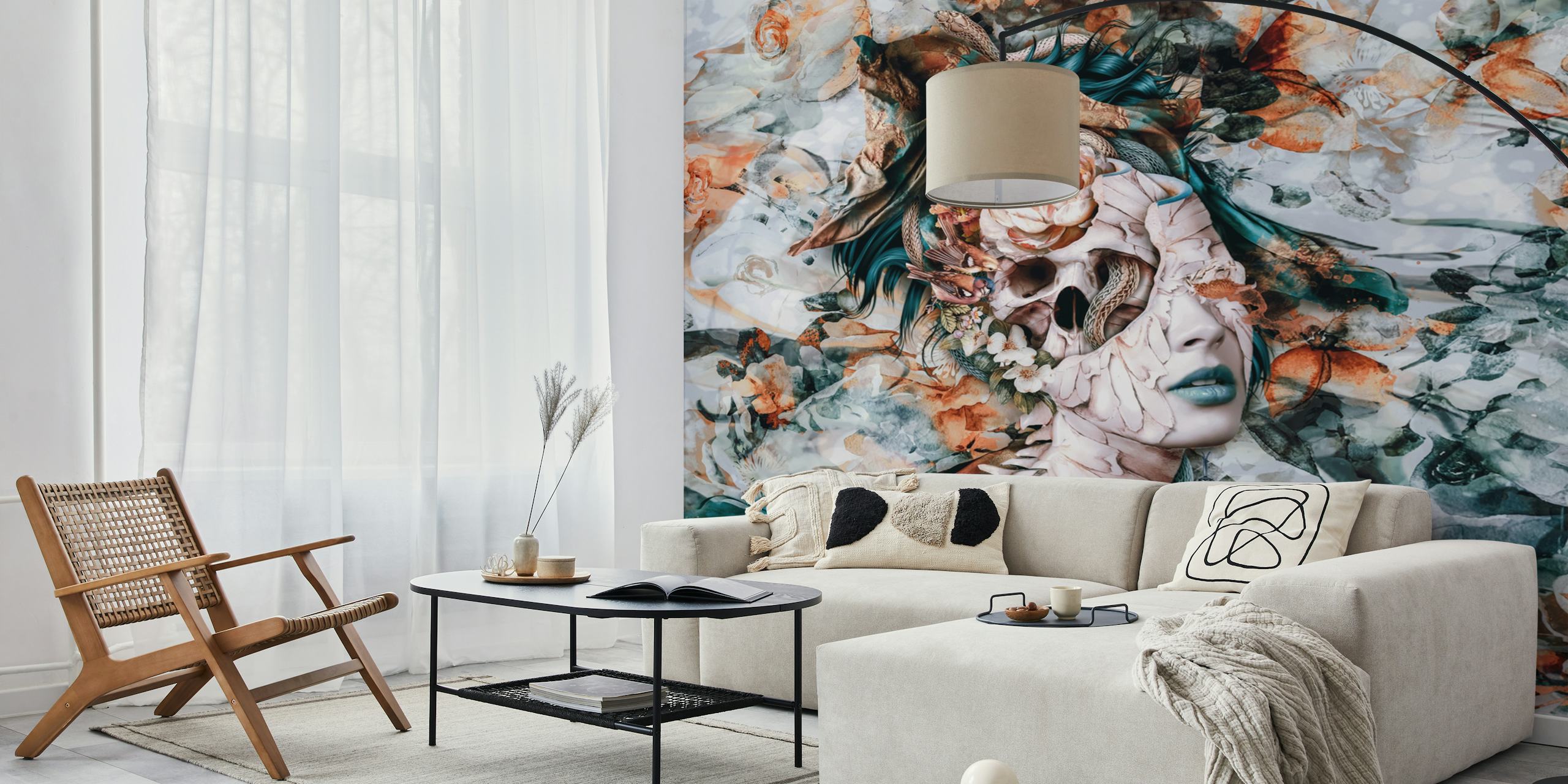 Floral pattern with skull and vibrant colors on wallpaper