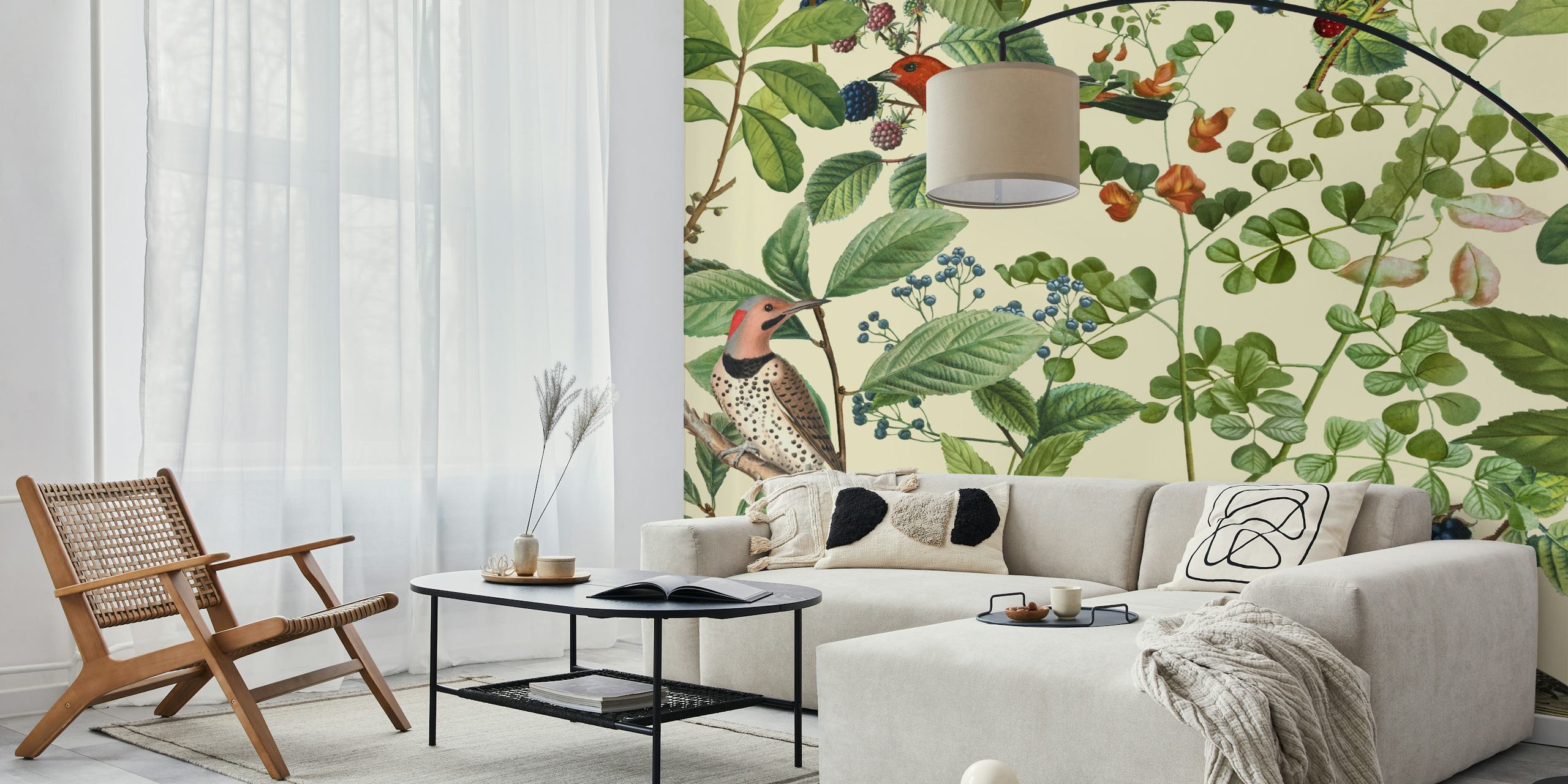 Vögel und Beeren in lebendigen Farben auf beigem Hintergrund, botanische Motive wallpaper