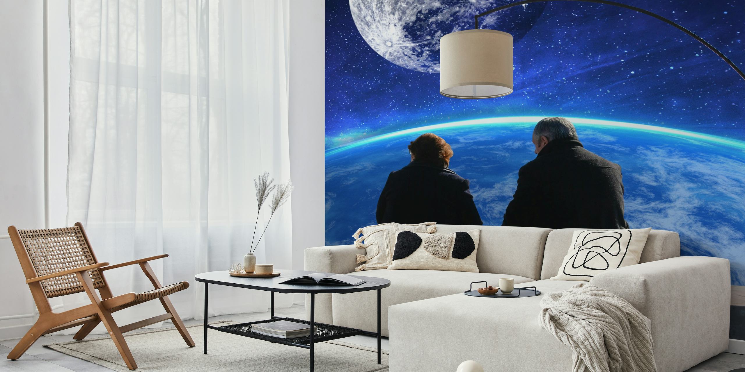 Silhouette di una coppia con la luna e la Terra con vista sullo spazio murale