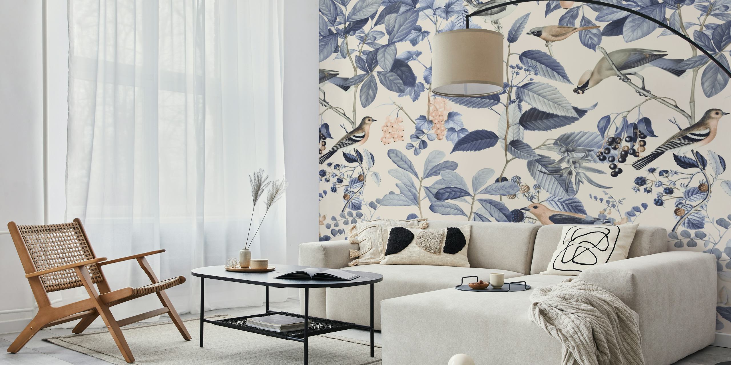 Blue birds and berries wallpaper in a room