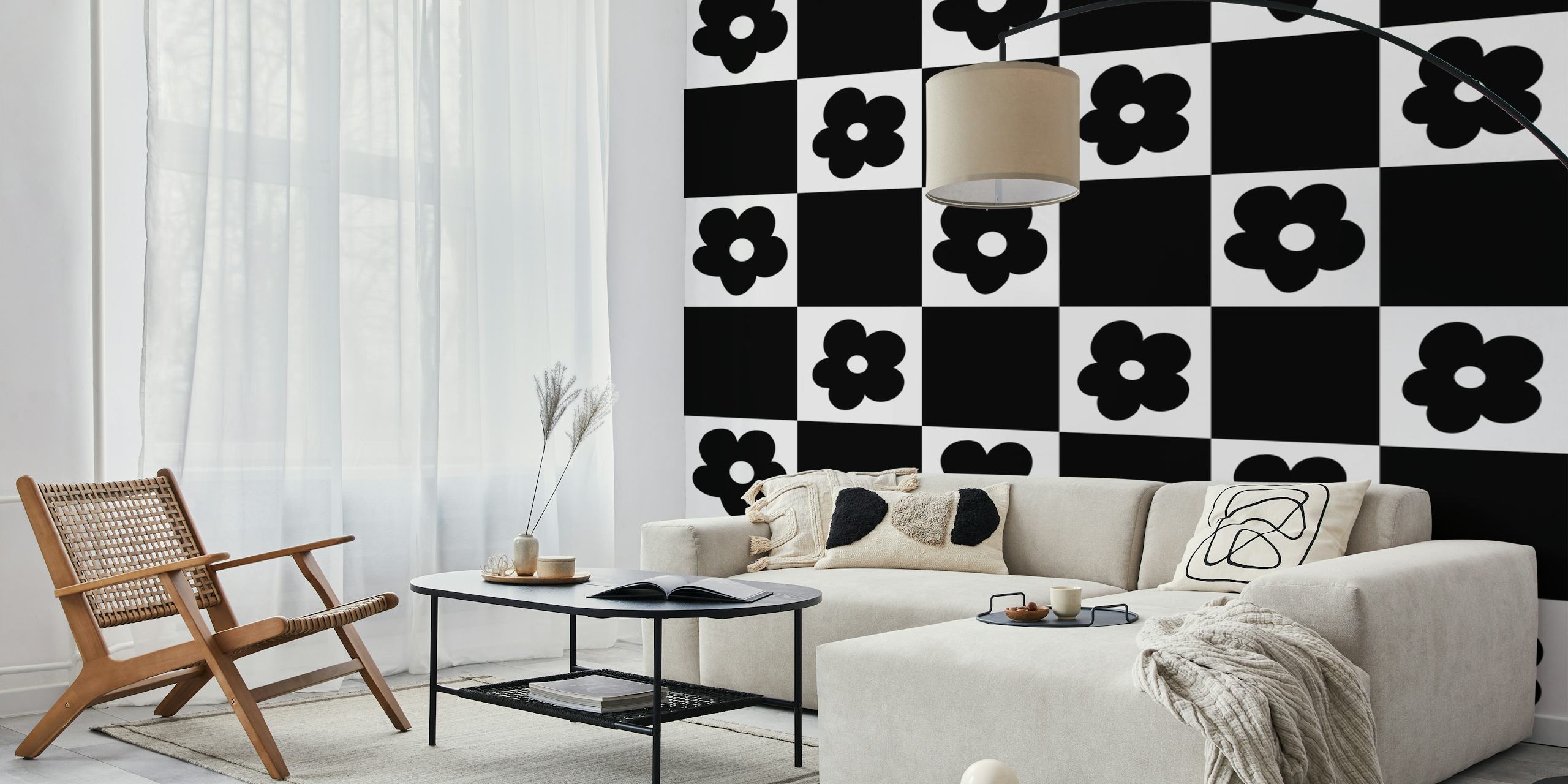 Sort og hvid ternet mønster med blomsterdesign vægmaleri