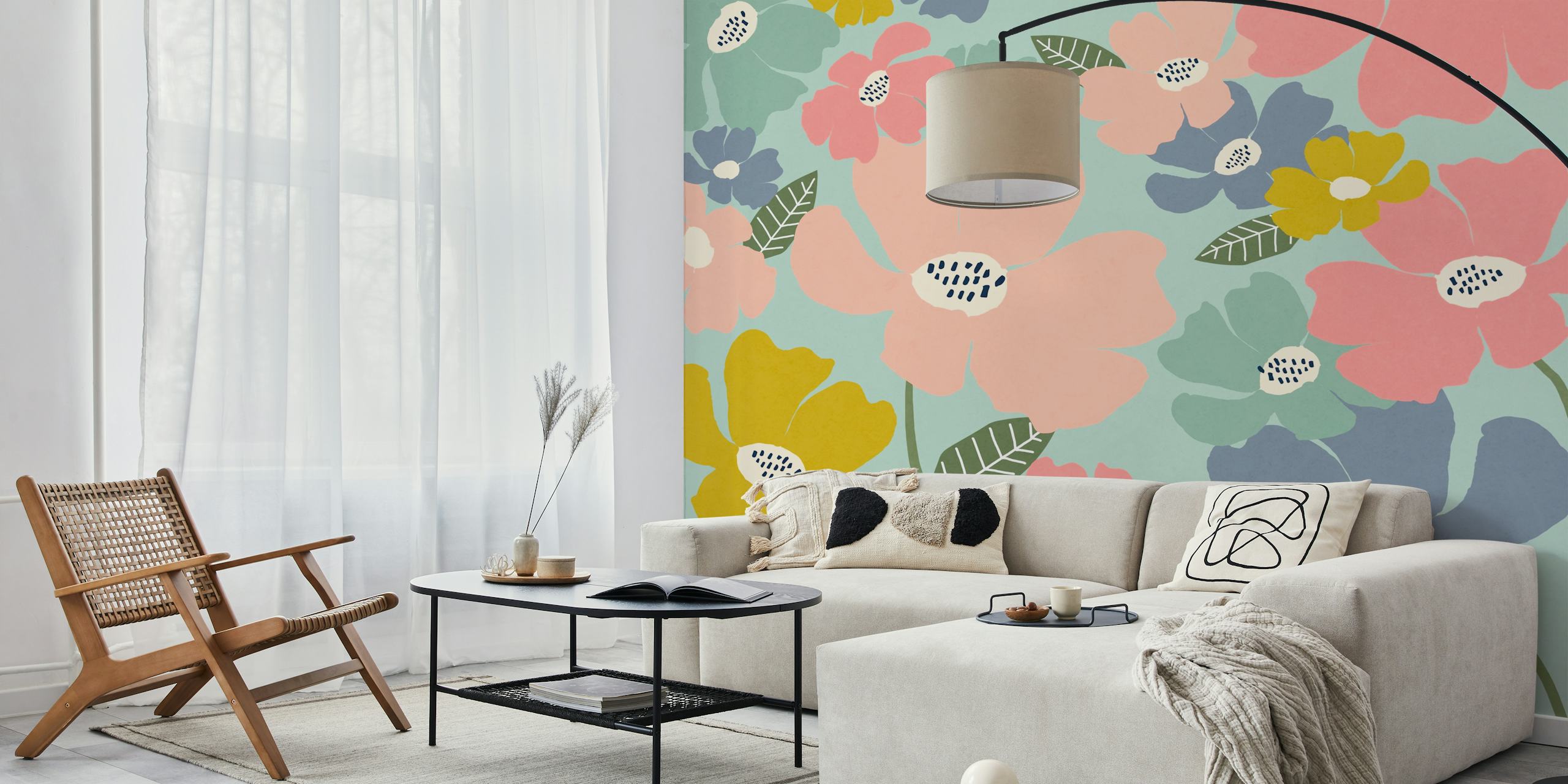 Colorful floral pattern with pink, blue, and yellow flowers wallpaper
