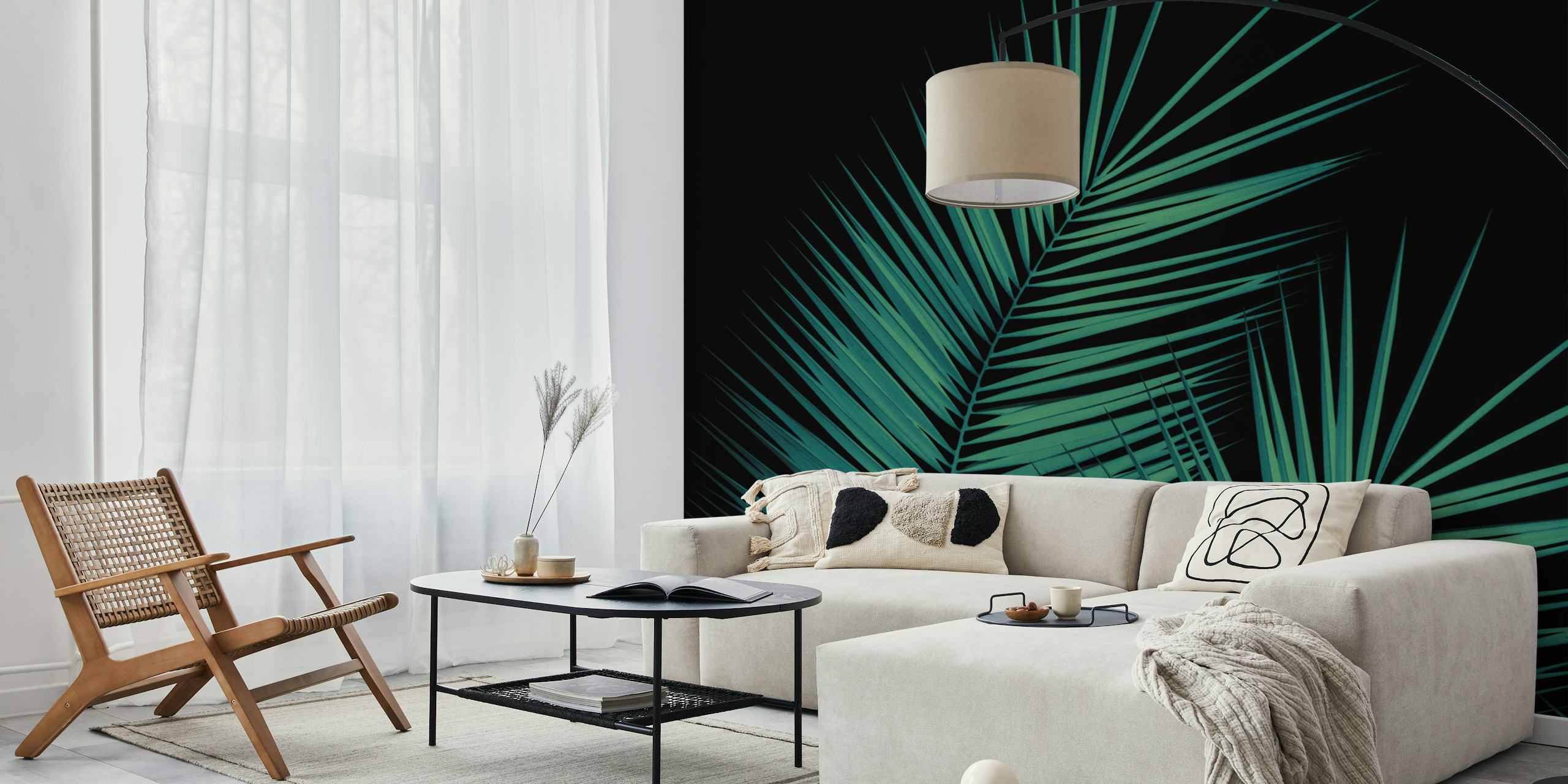 Tropical green palm leaves on a black background wallpaper