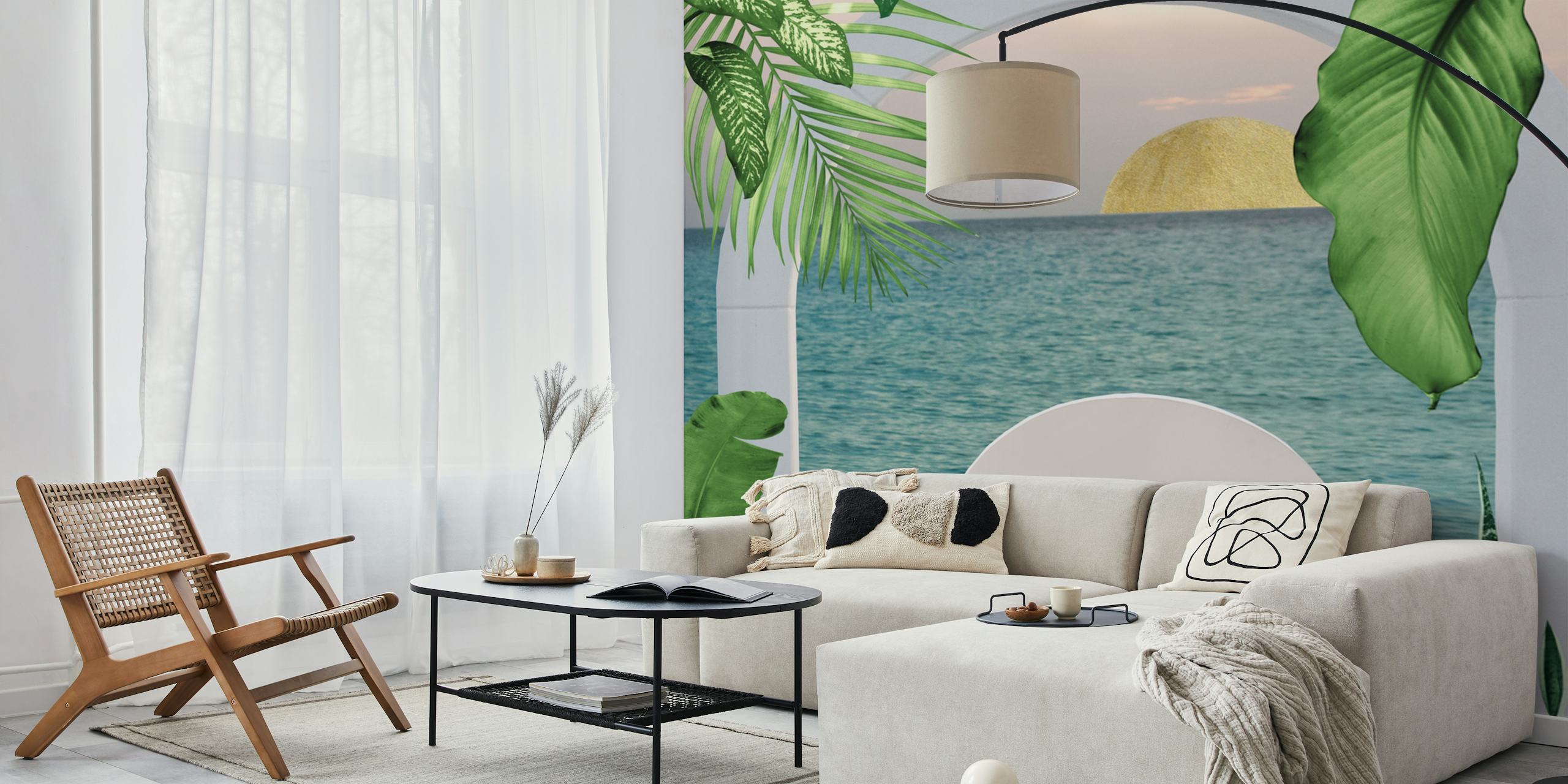 Santorini encontra mural de parede de Curaçao mostrando uma mistura de arcos brancos mediterrâneos e folhas tropicais com vista para o mar