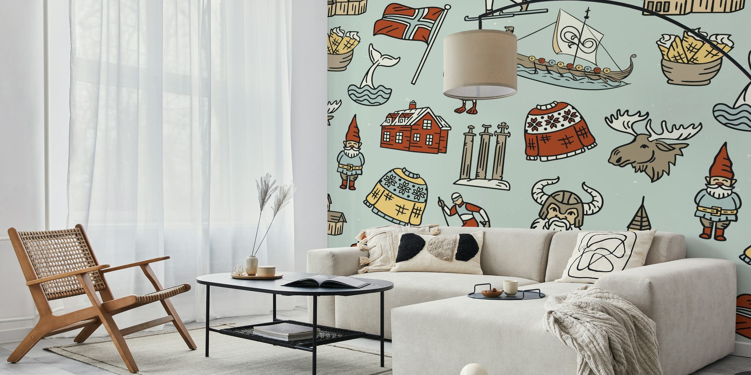 Norwegian themed wall mural with Viking ships, puffins, and traditional houses in a retro pattern.