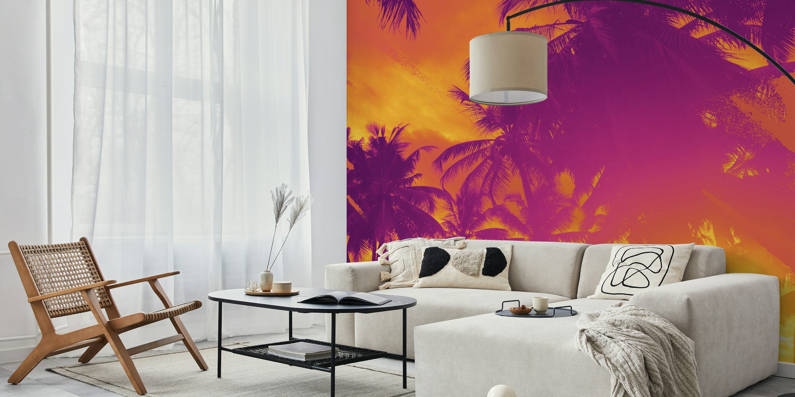 Retro sunset with palm tree silhouettes wall mural