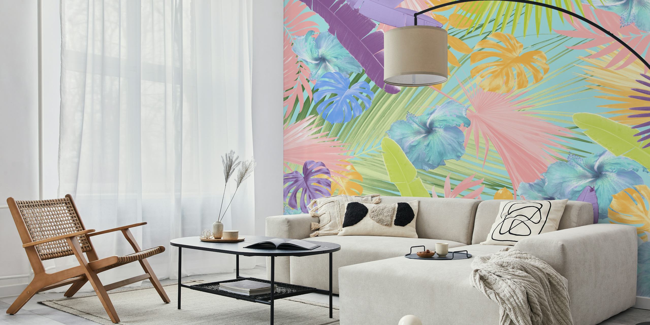 Colorful tropical floral design with pastel hibiscus and leaves wallpaper
