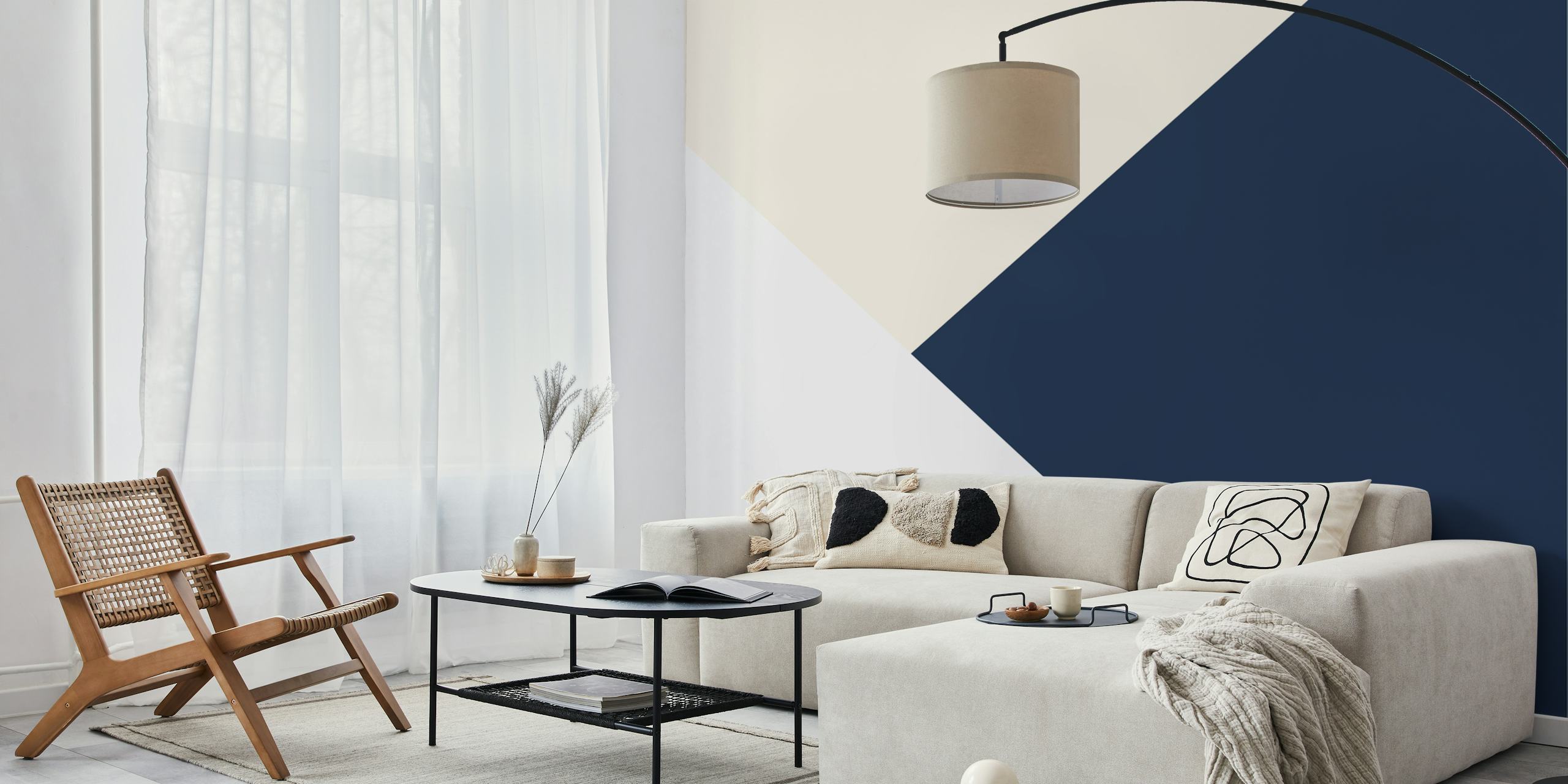 Geometric shapes in blush pink, blue, and white wallpaper