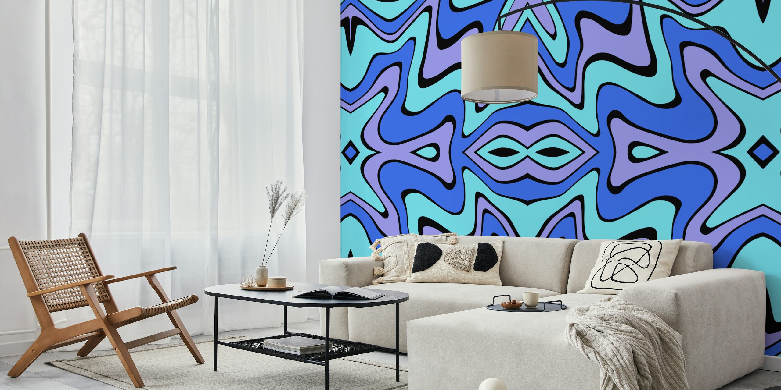 Fotomural vinílico de parede Retro Swirls com padrões descolados azuis e roxos
