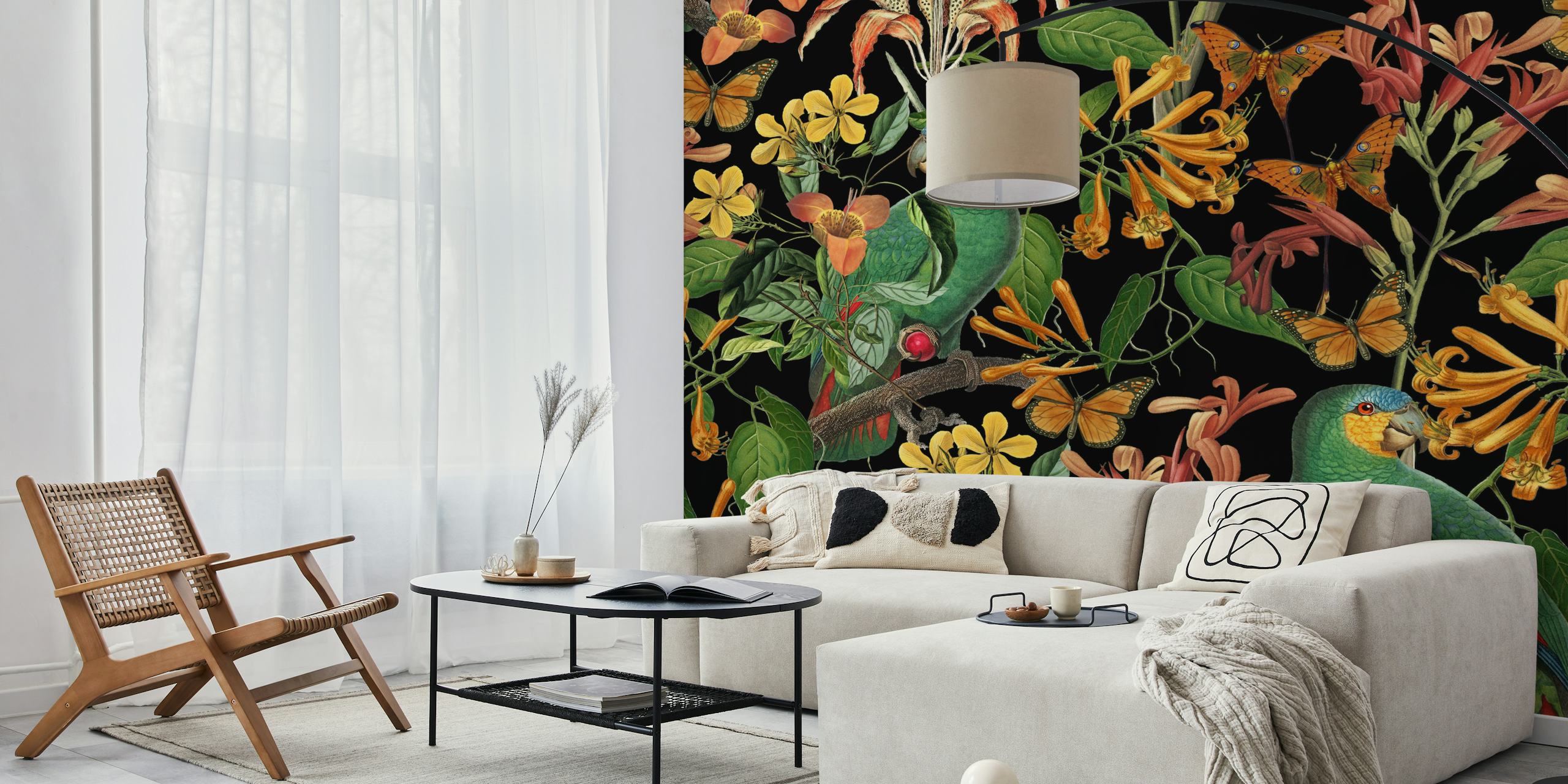 Green parrots and colorful flowers on a black background wallpaper