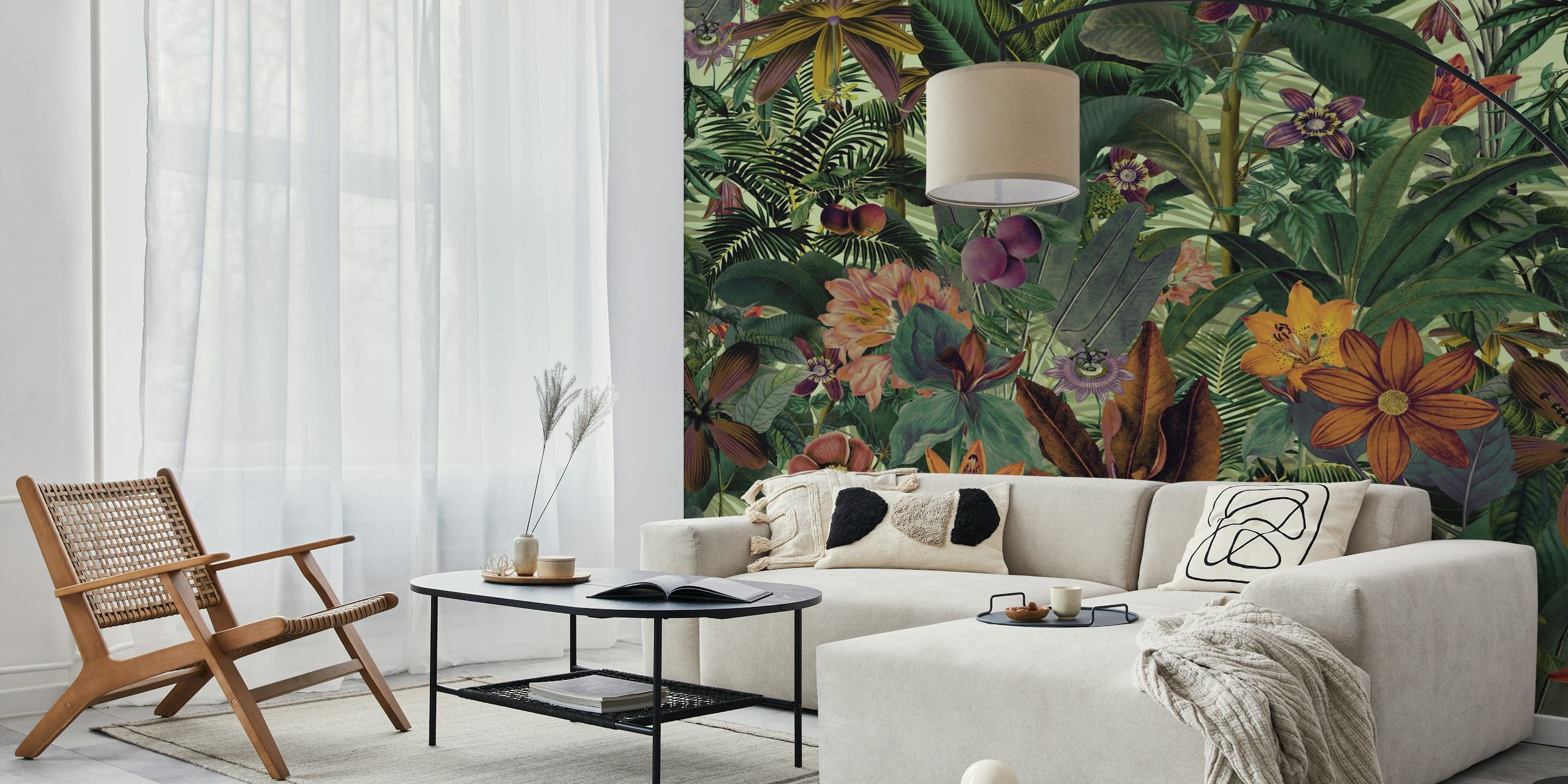 Vibrant floral jungle design with green and colorful flowers wallpaper