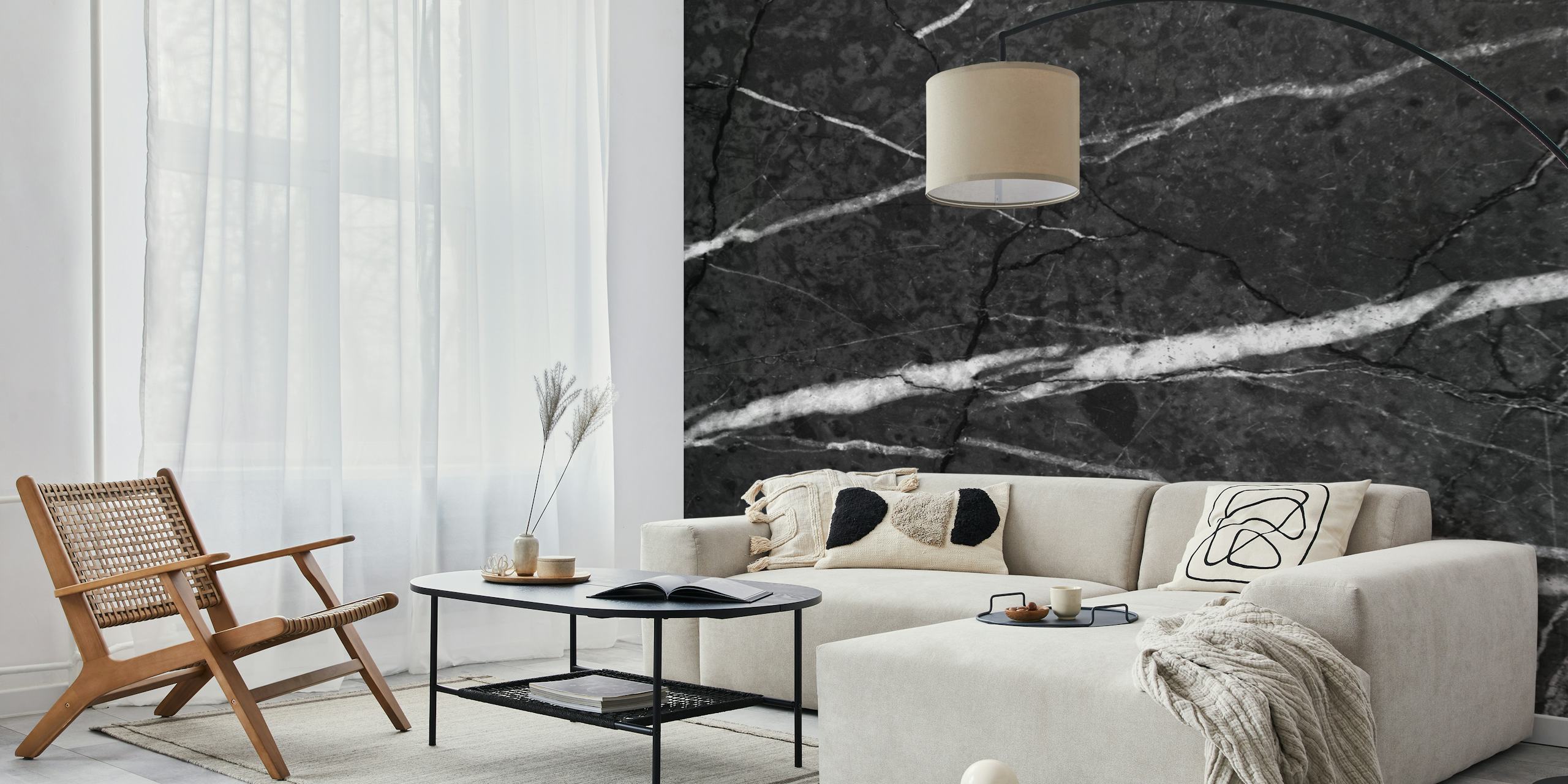 Black marble wallpaper with white veining and cracks, modern style
