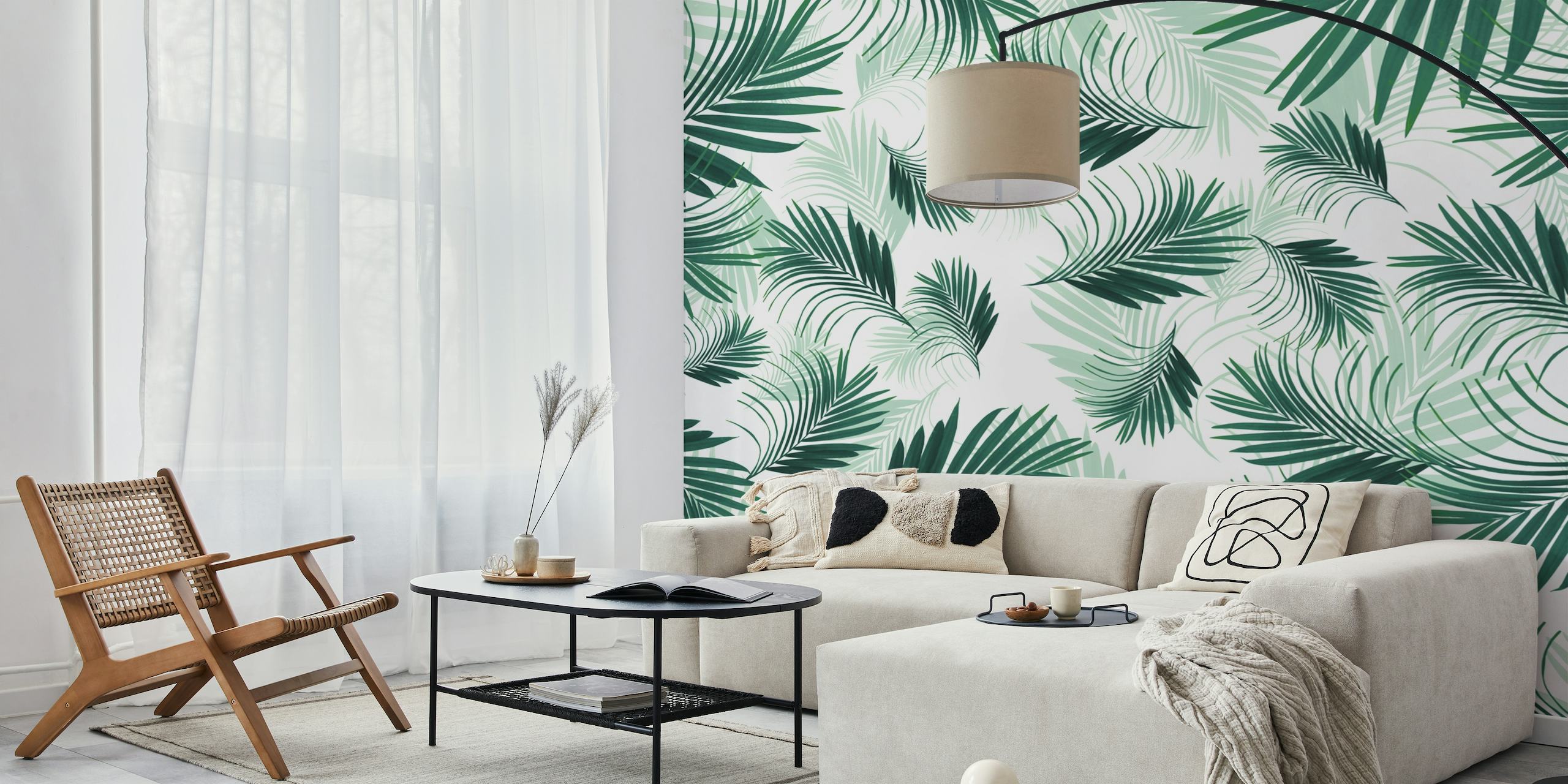 Mural de pared con vibrantes palmeras verdes tropicales para una decoración inspirada en la naturaleza