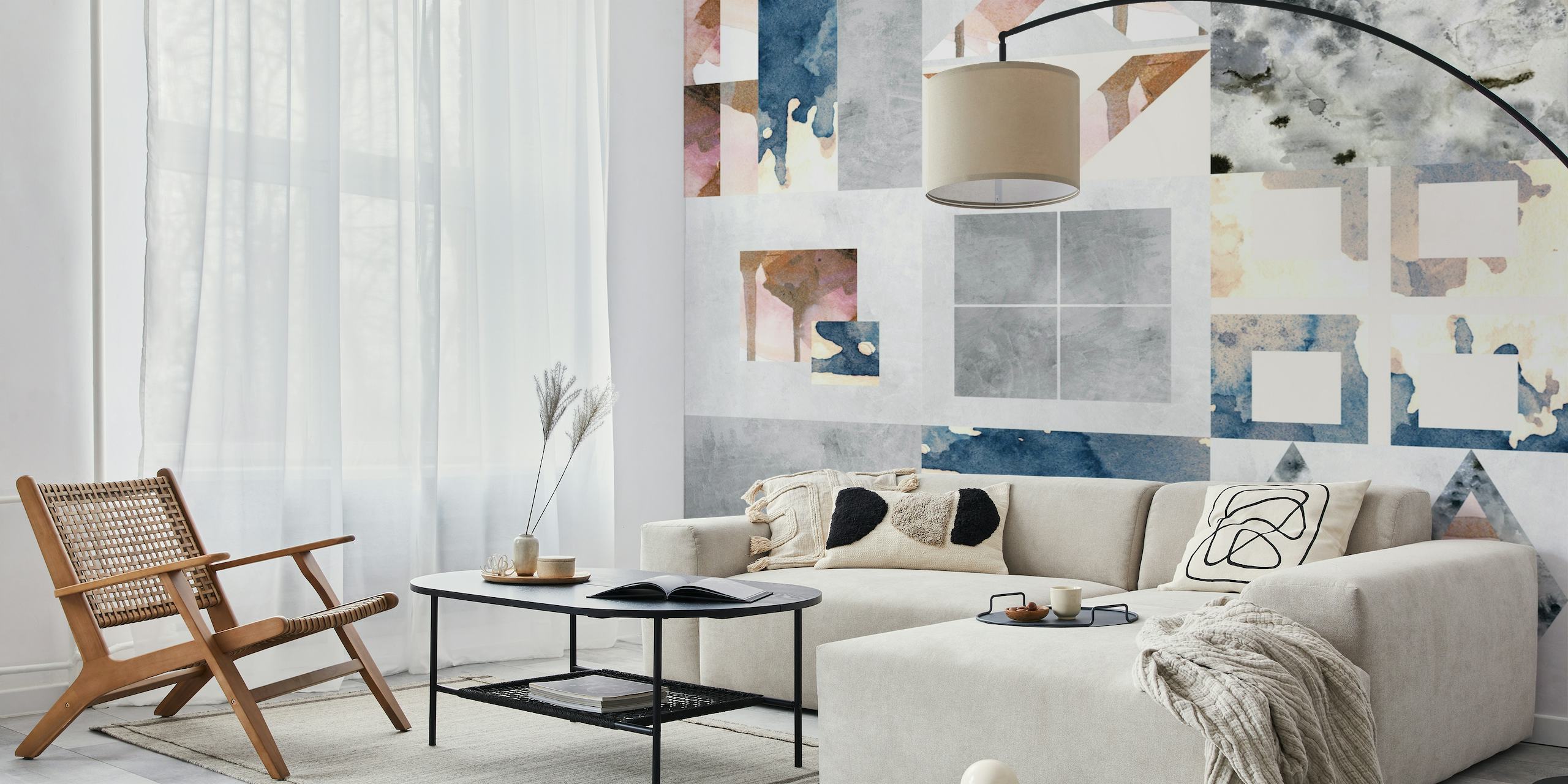 Abstract modern concrete wall mural with watercolor and geometric accents