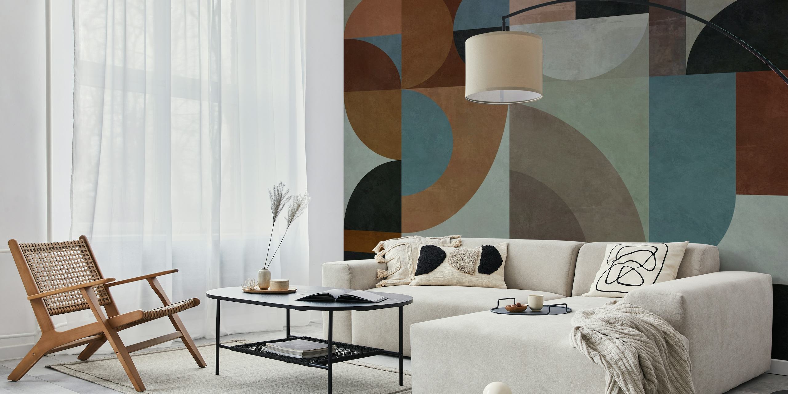 Abstract geometric shapes wall mural in earth tones and pastel hues