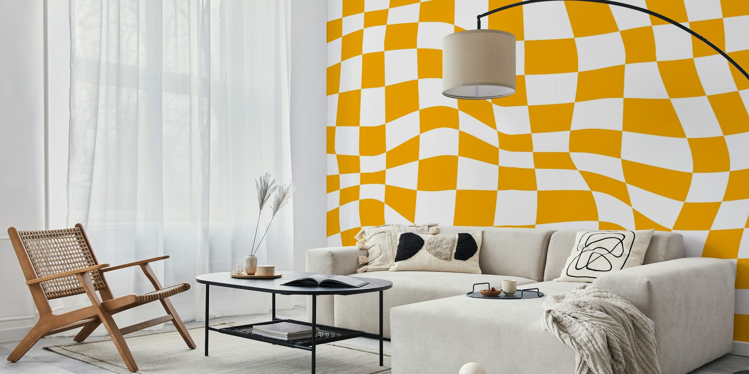 Yellow and white wavy checkerboard pattern wallpaper