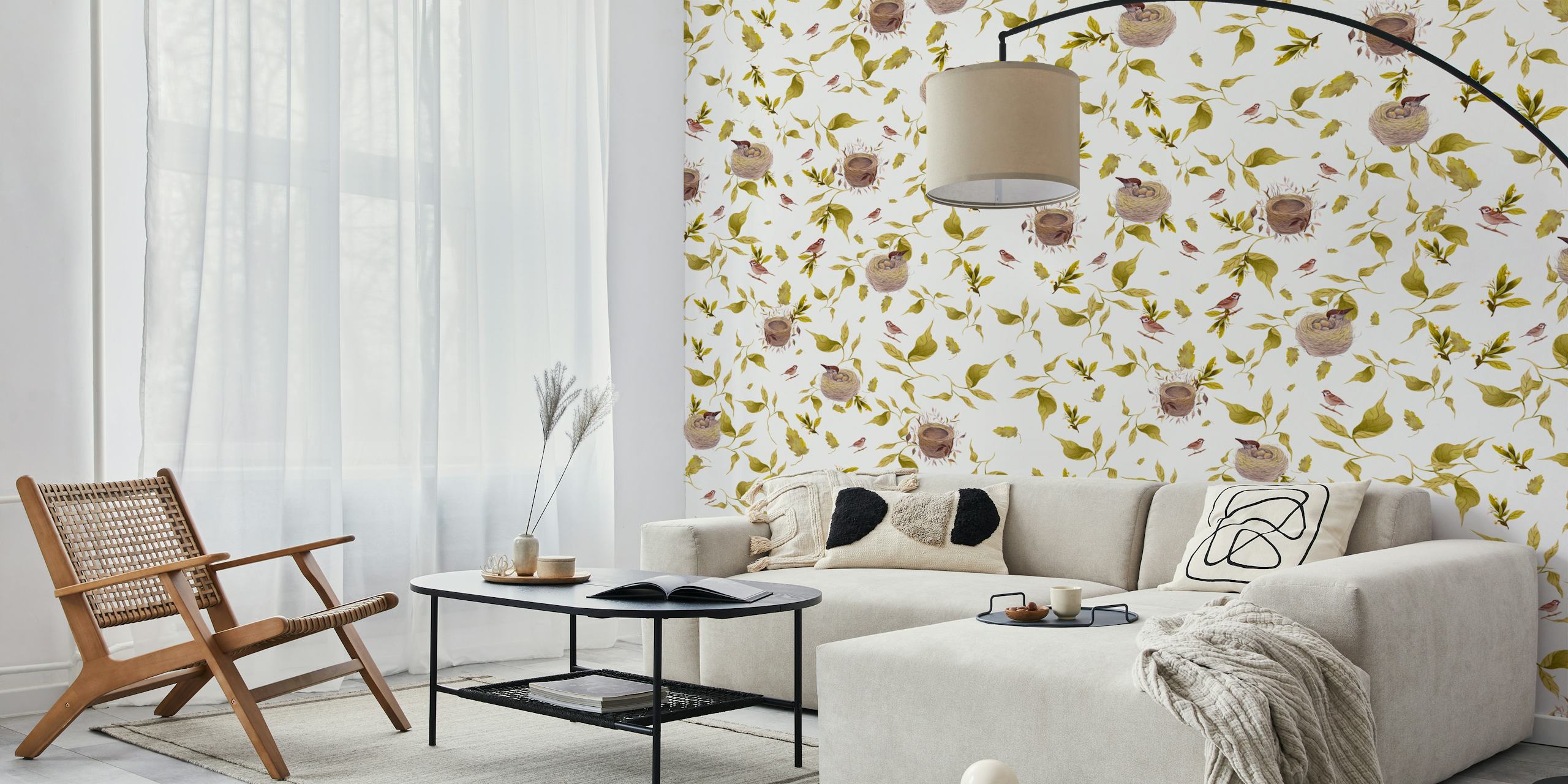 Birds in nests surrounded by green leaves and plants wallpaper