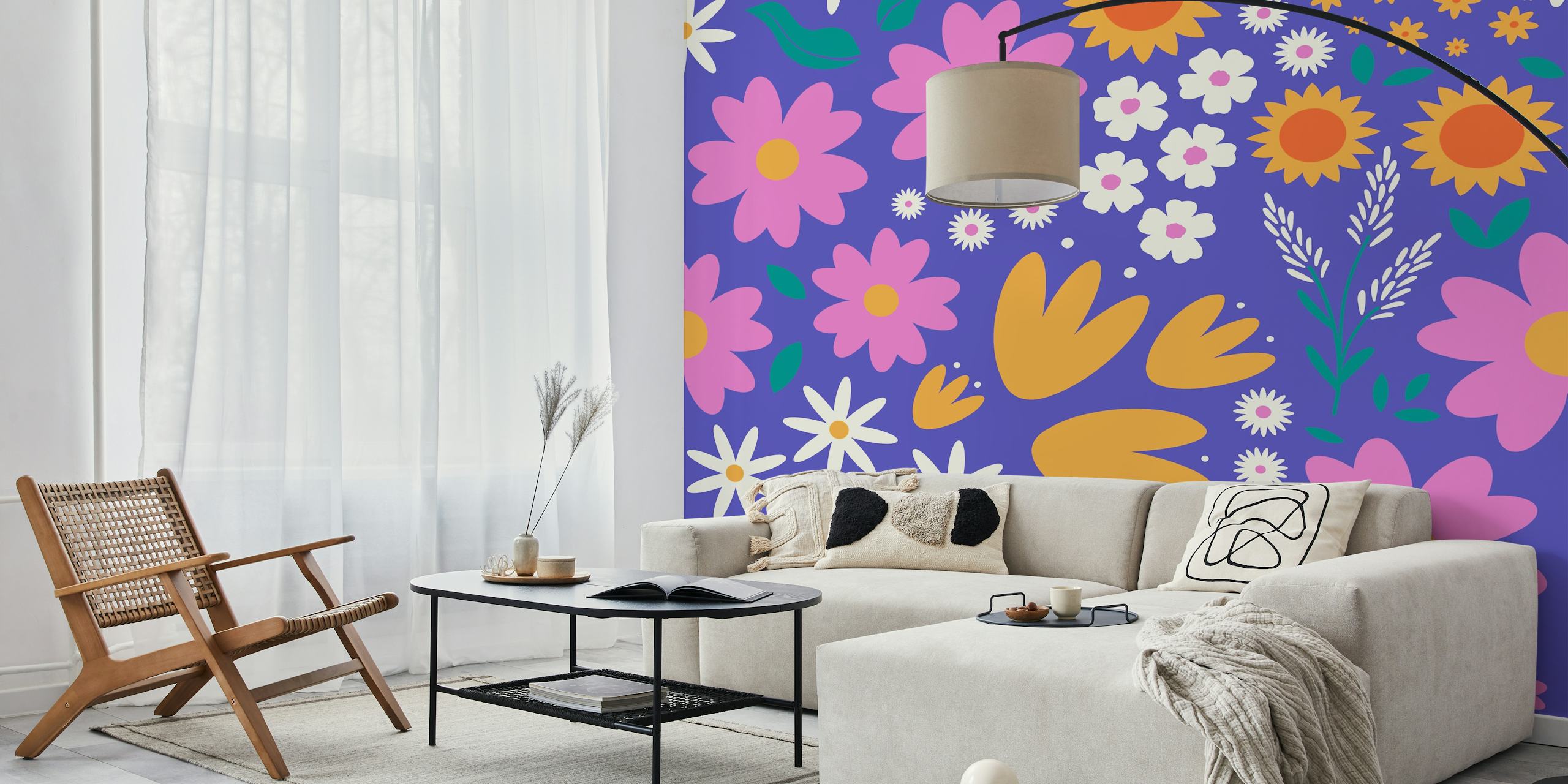 Colorful floral design with pink and yellow flowers on purple wallpaper
