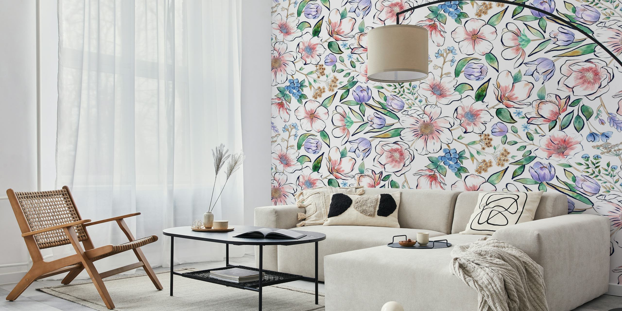 Käsinmaalattu akvarelli kukka-seinämaalaus pehmeillä pastelliväreillä