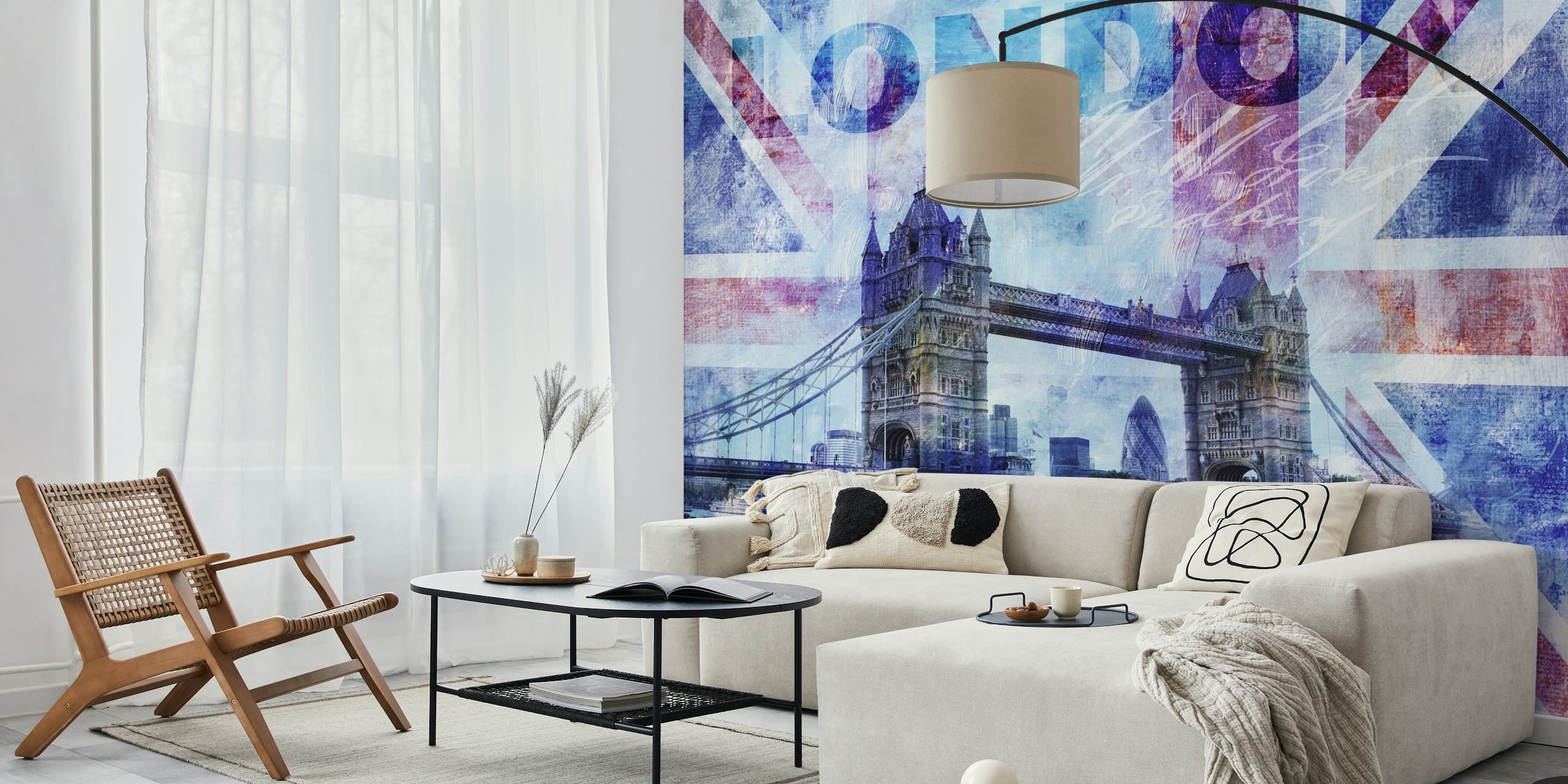 London Bridge with blue tones and British flag wallpaper