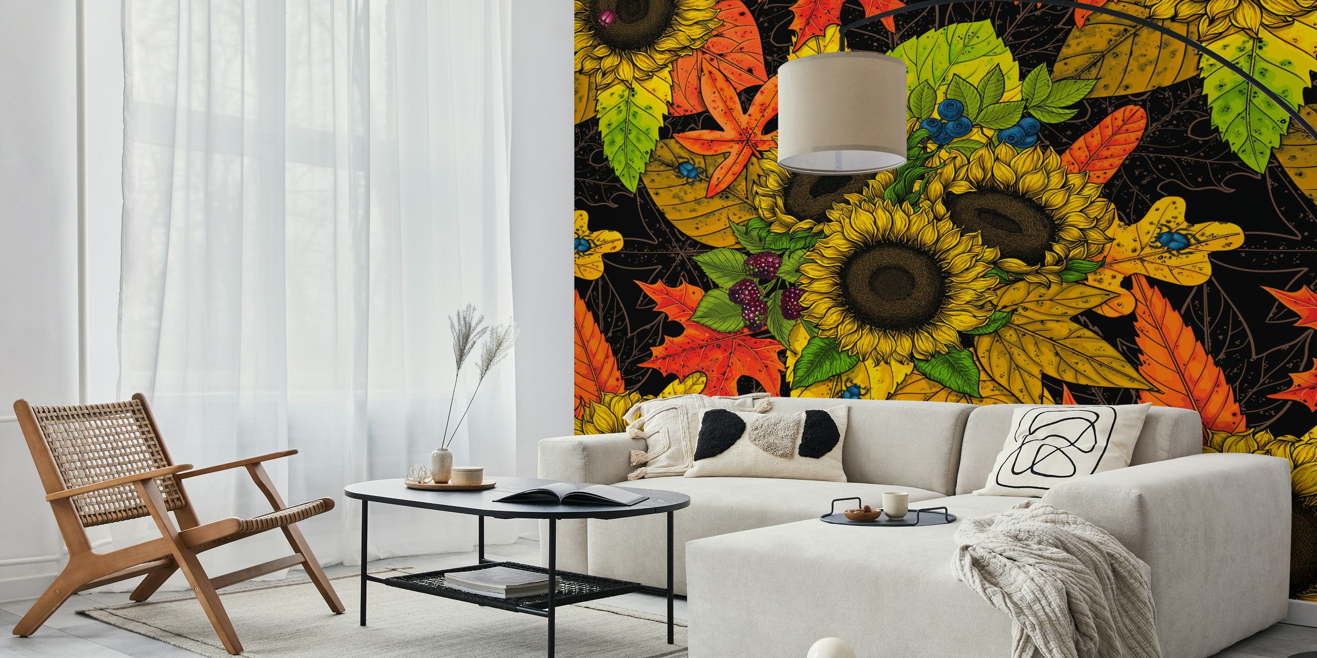 Sunflowers and autumn leaves in vibrant colors on black wallpaper