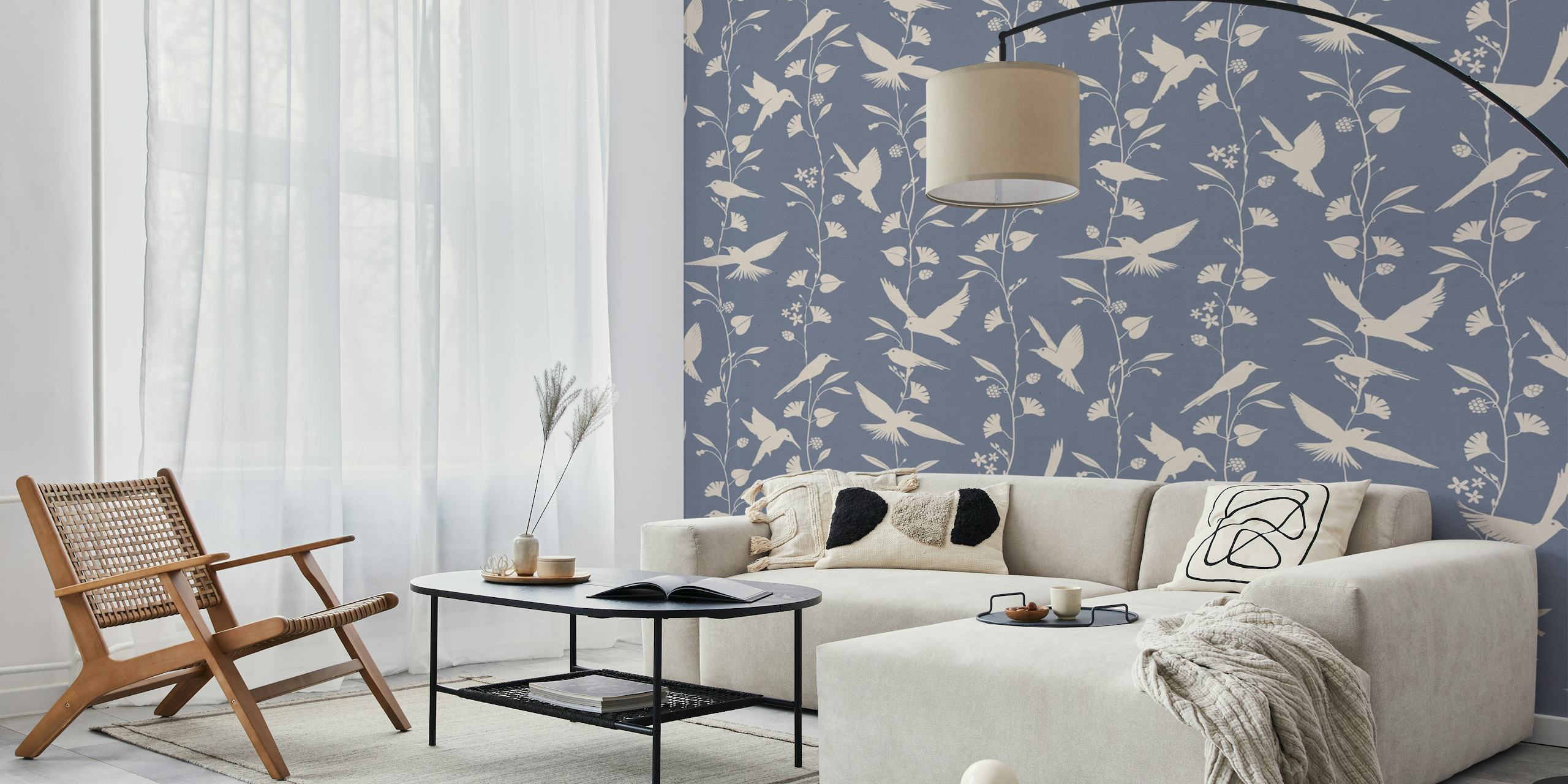 Birds and floral patterns in blue and cream wallpaper