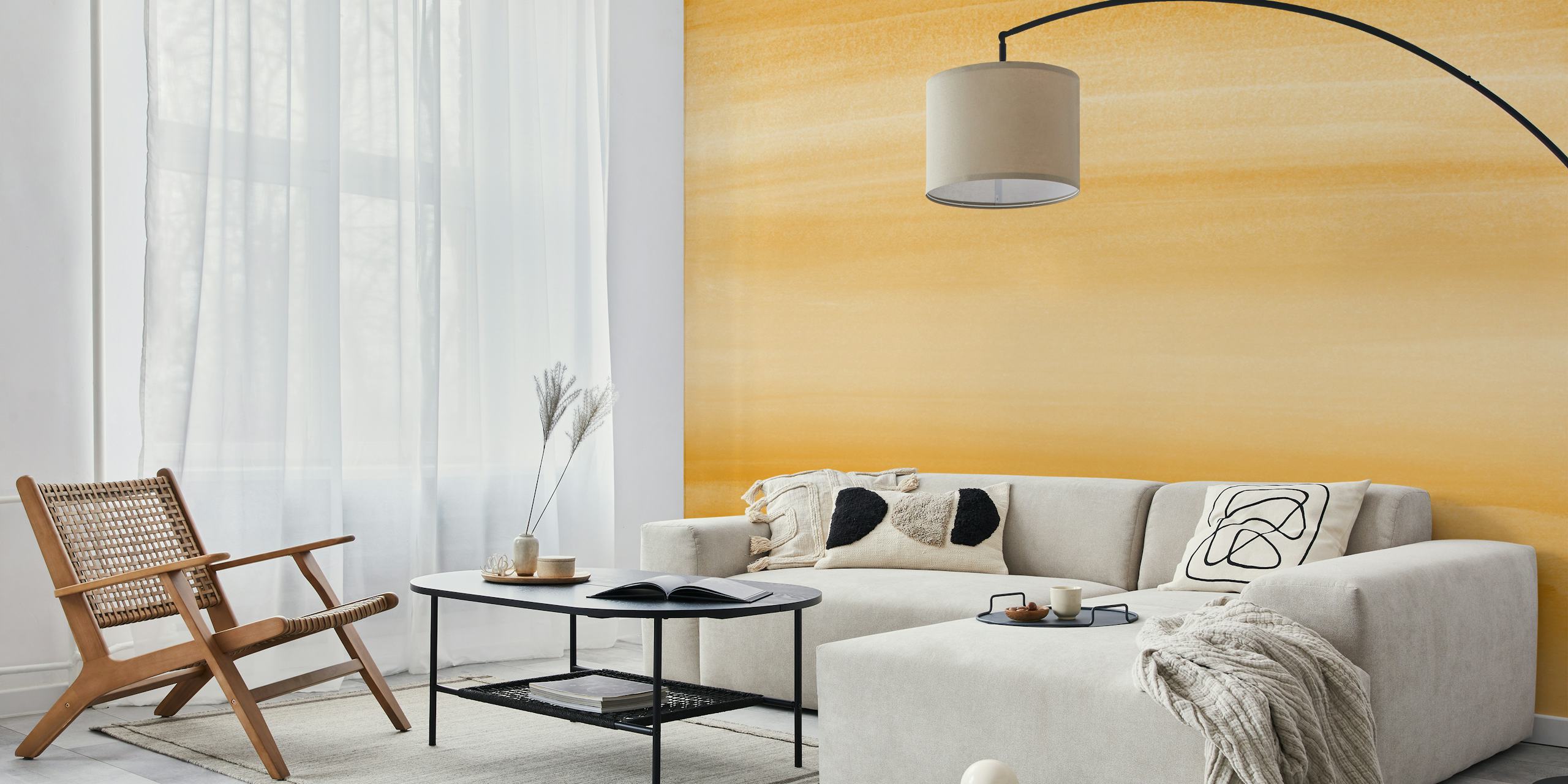 Warm yellow watercolor wallpaper in a room