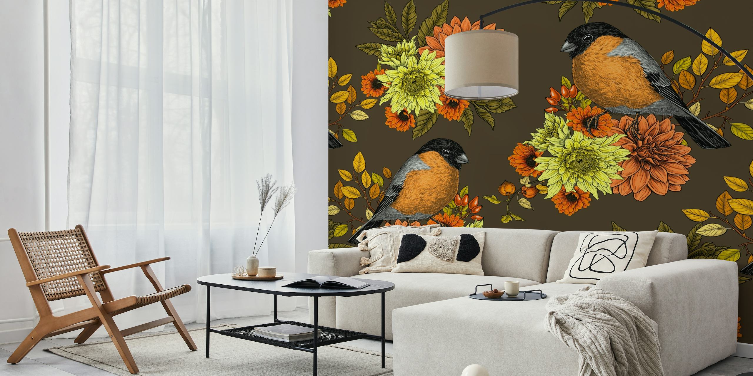 Bullfinch on autumn florals wallpaper