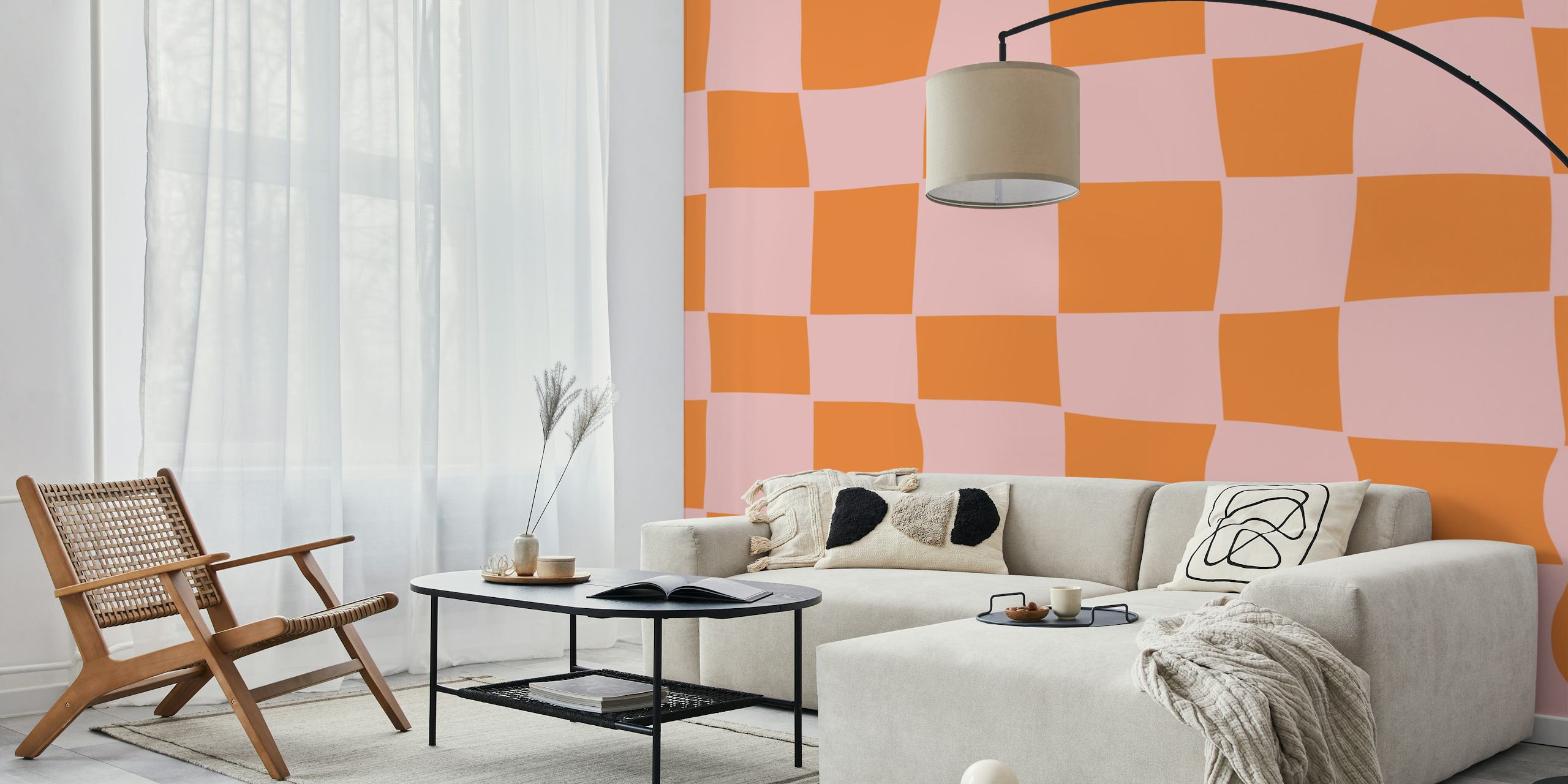 Checkerboard pattern in orange and pink colors wallpaper