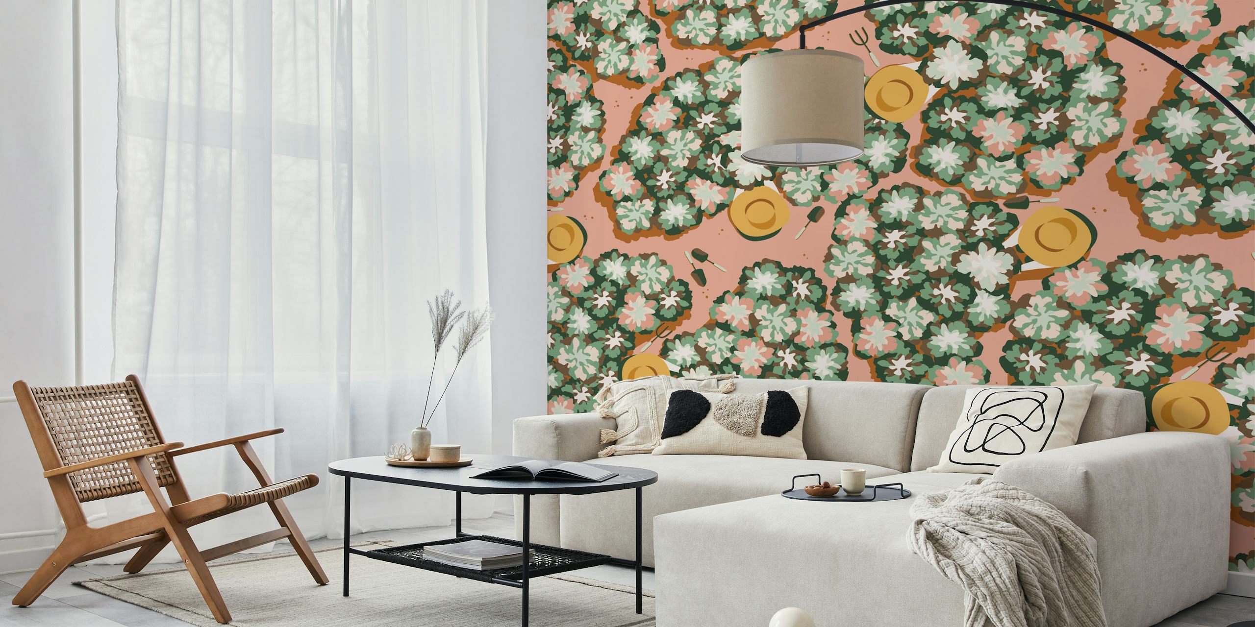 Pink floral wallpaper featuring white and yellow flowers on a green background