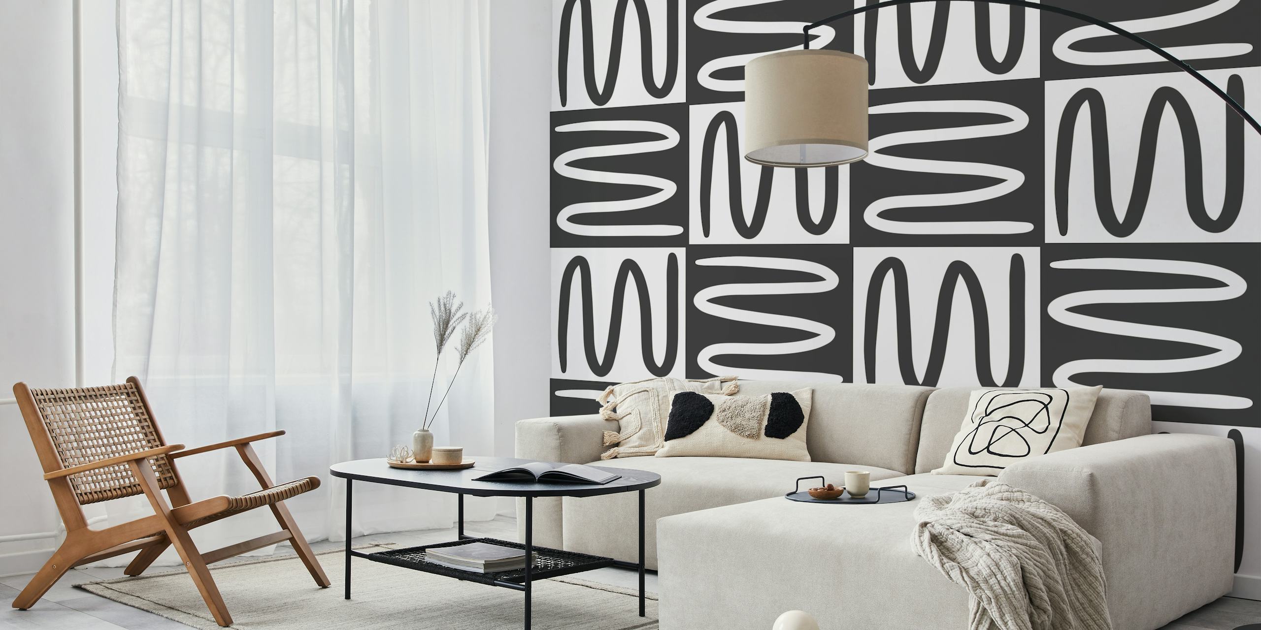 Abstract black and white wave pattern wallpaper