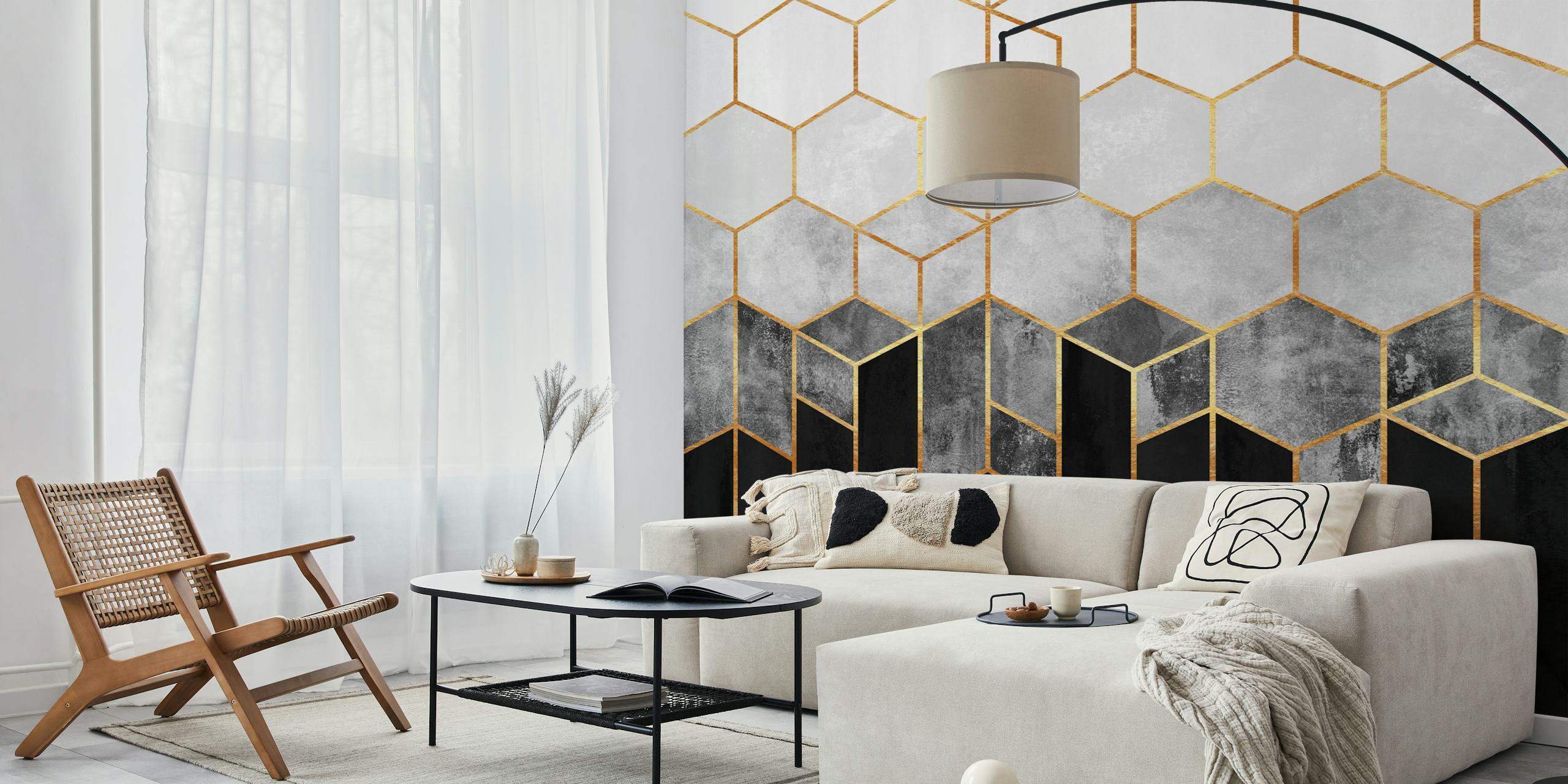 Geometric hexagon pattern in black, white, and gold wallpaper