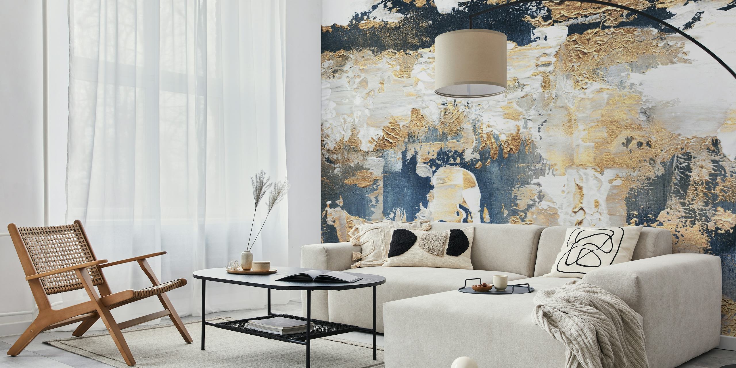 Abstract wall mural featuring indigo blues and golden hues in a textural composition