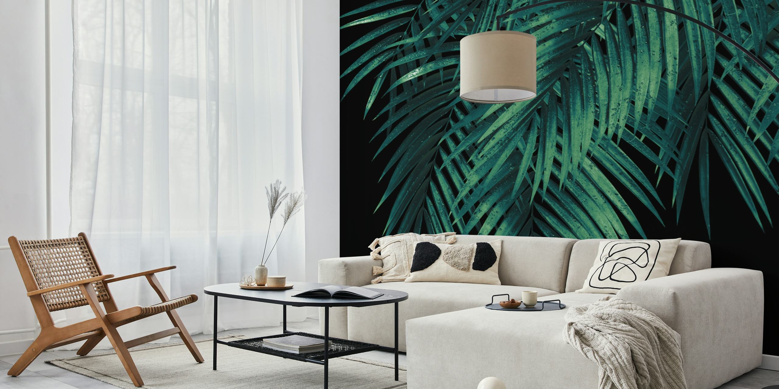 Verdant palm leaves against a dark night backdrop wall mural