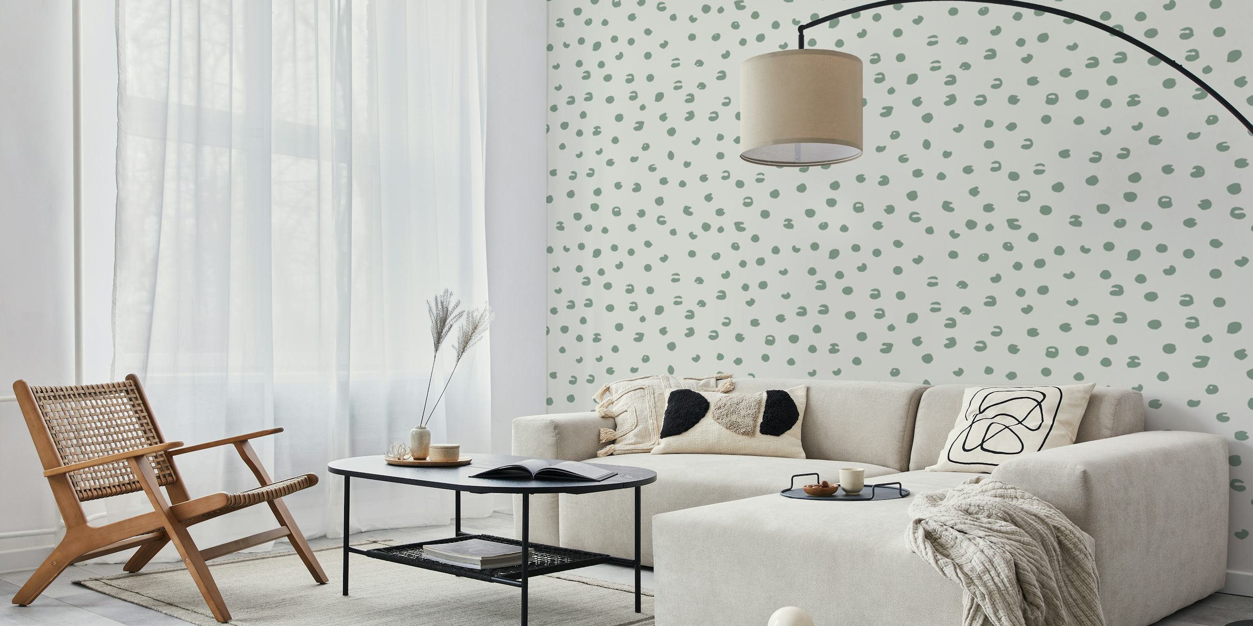 Tracks sage green beige tapetti huoneessa