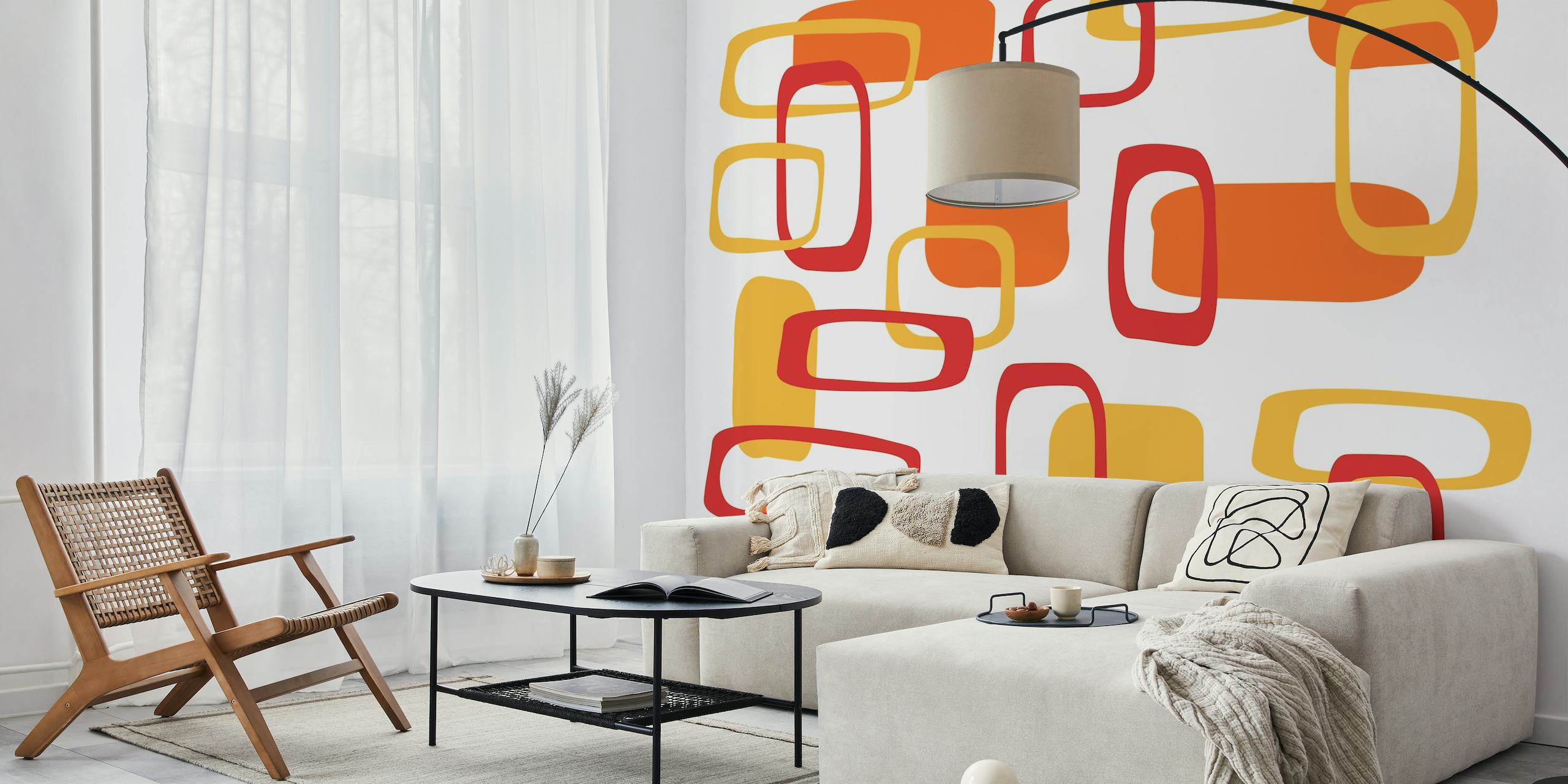 Retro-inspired wall mural with mid-century squares in 70s colors