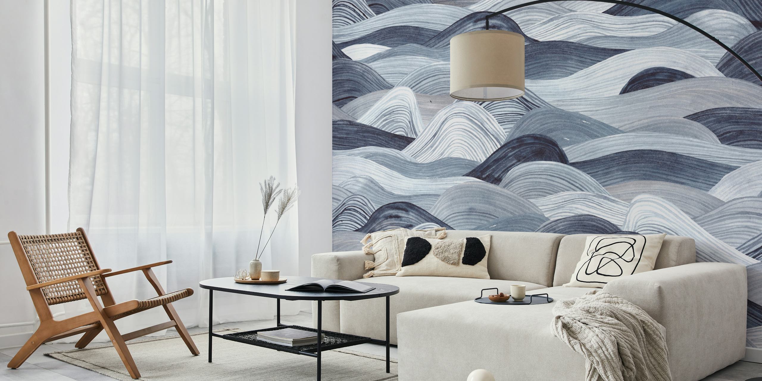 Abstract watercolor waves in shades of gray and white wall mural