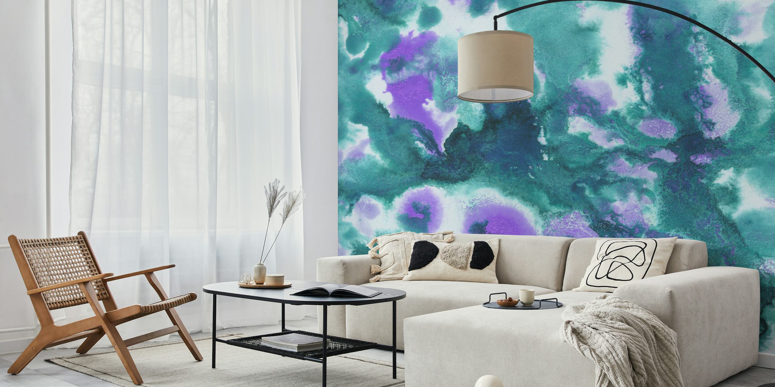 Mermaid Ocean Abstract wall mural with turquoise and purple watercolor patterns