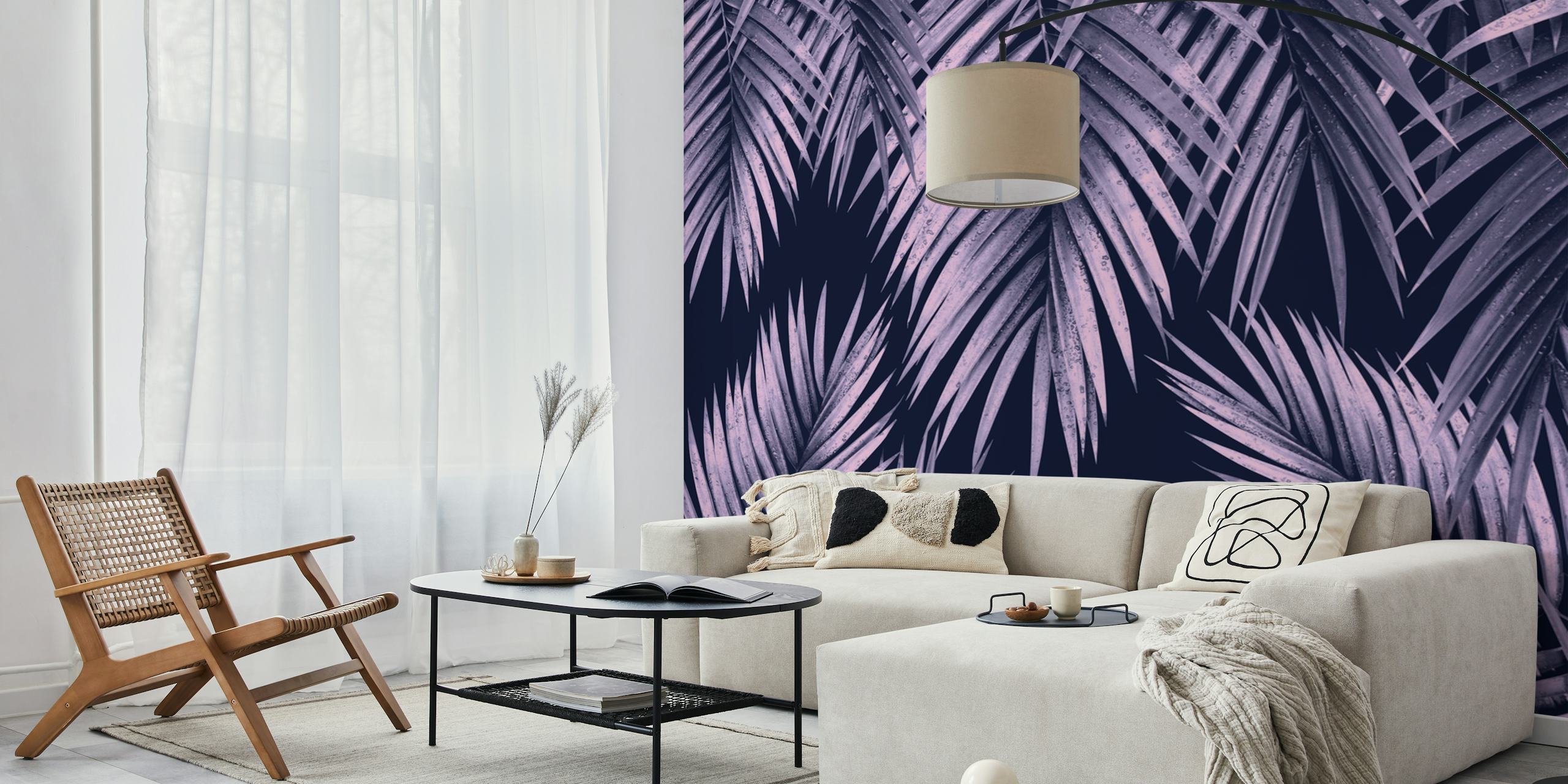 Purple palm leaves on dark background wallpaper