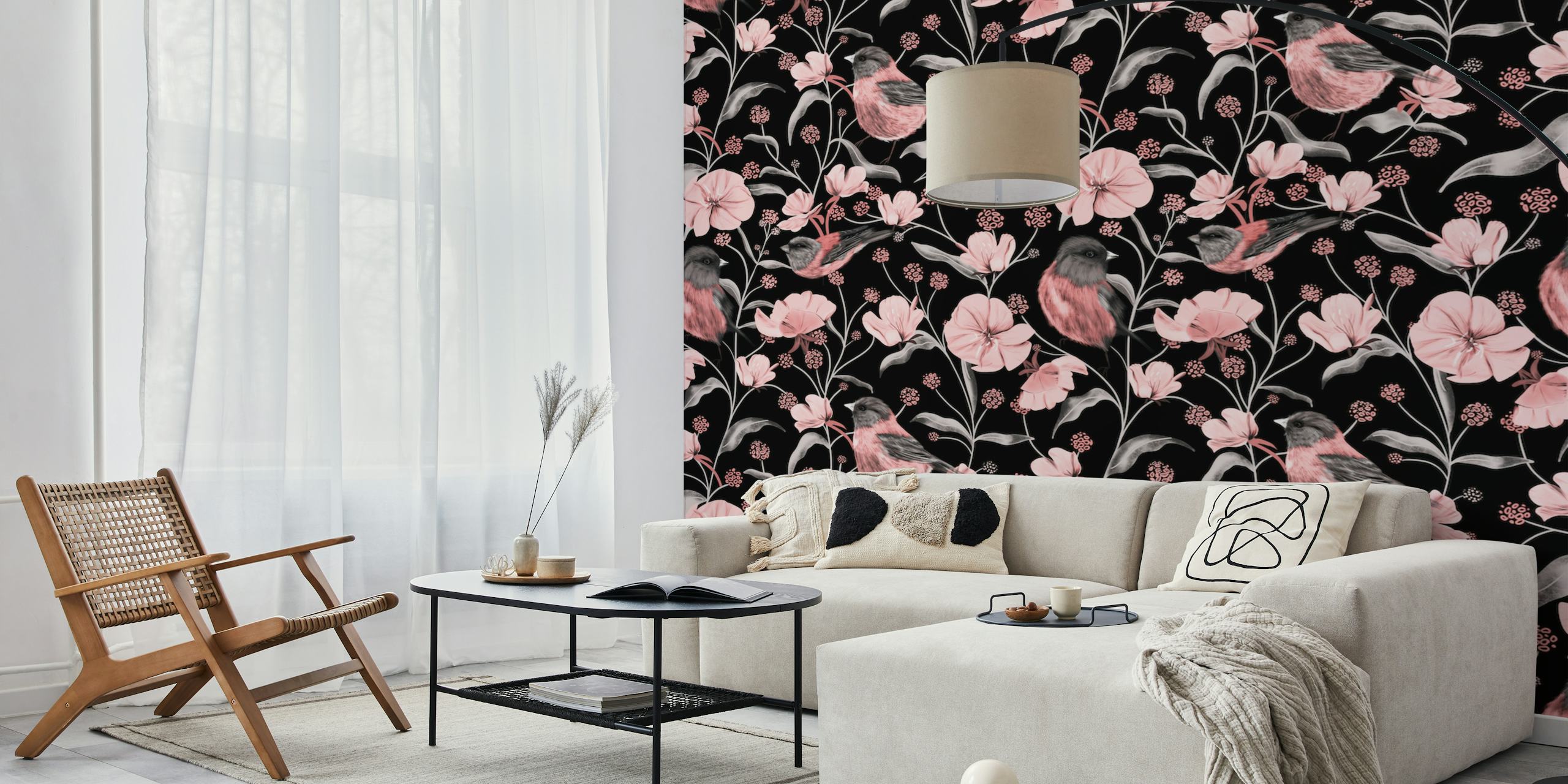 Pink birds and flowers patterned wallpaper