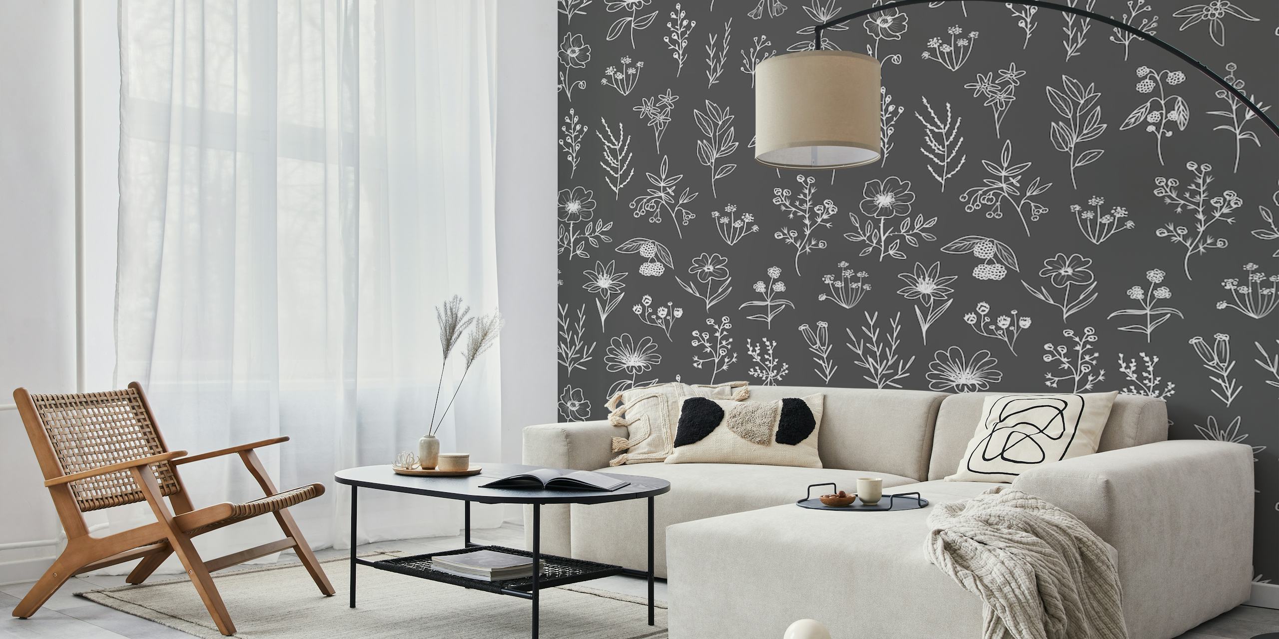 Grey floral line art wallpaper with intricate flower patterns