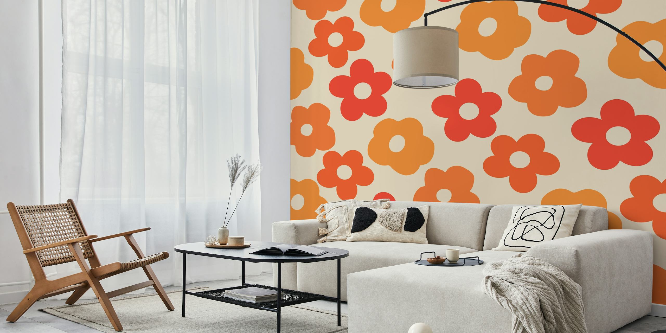 Retro tusenfryd 1970-tallsfarger veggmaleri med oransje og gule blomster på en beige bakgrunn