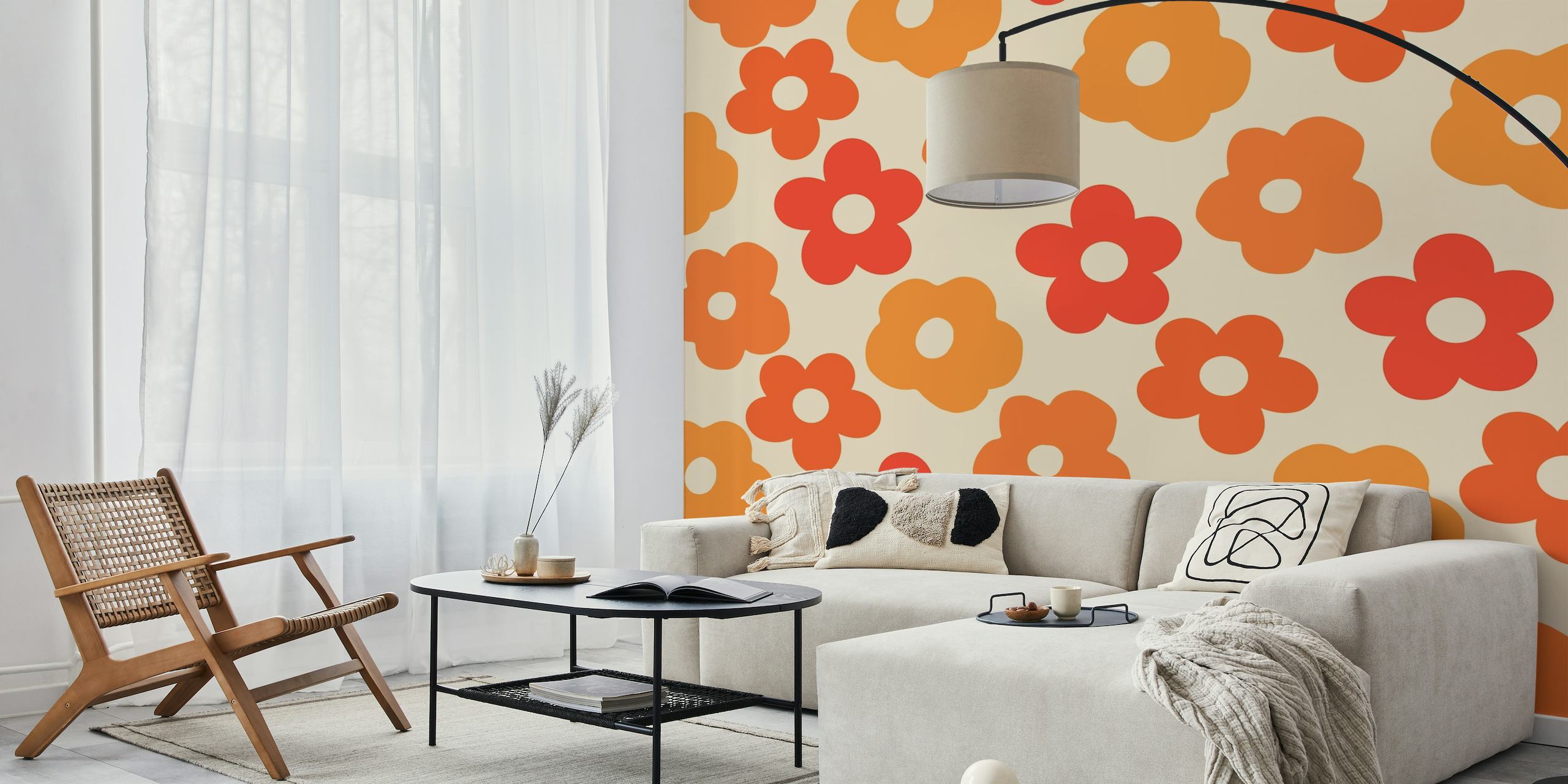 Retro Daisies 1970s Colors Wall Mural with Orange and Yellow Flowers on a Beige Background